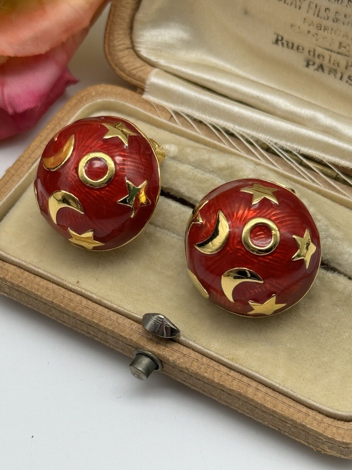 Kenneth Jay Lane Celestial Red Moon Stars Earrings ESTATE FIND