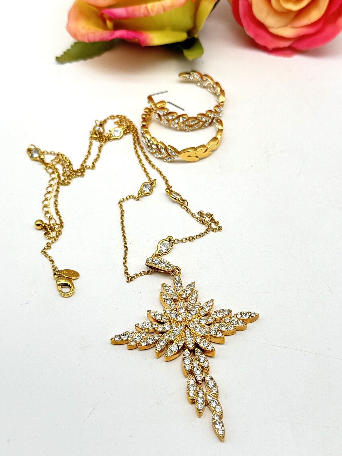 Real Collectibles by Adrienne Clear Crystal Cross ARTICULATED with Hoop Earrings