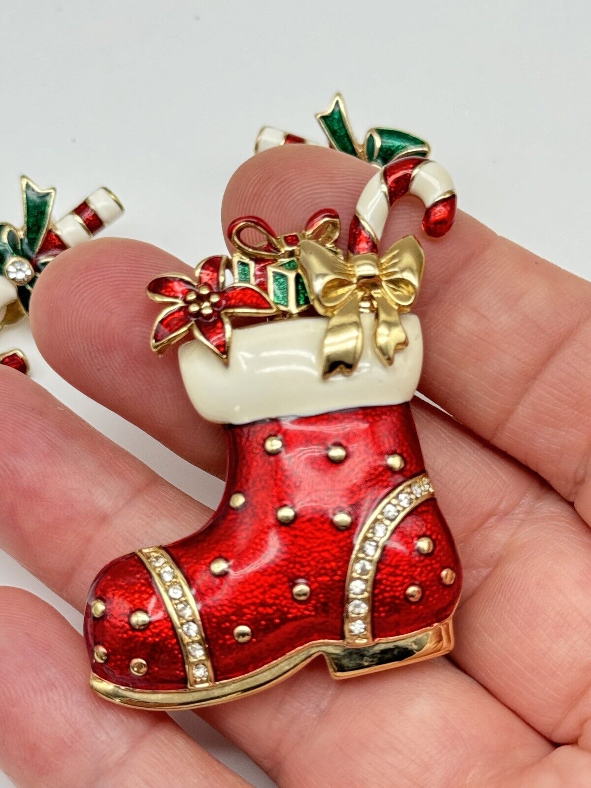 MONET Red Enamel Christmas SANTA Boot Brooch Filled & Candy Cane Earrings