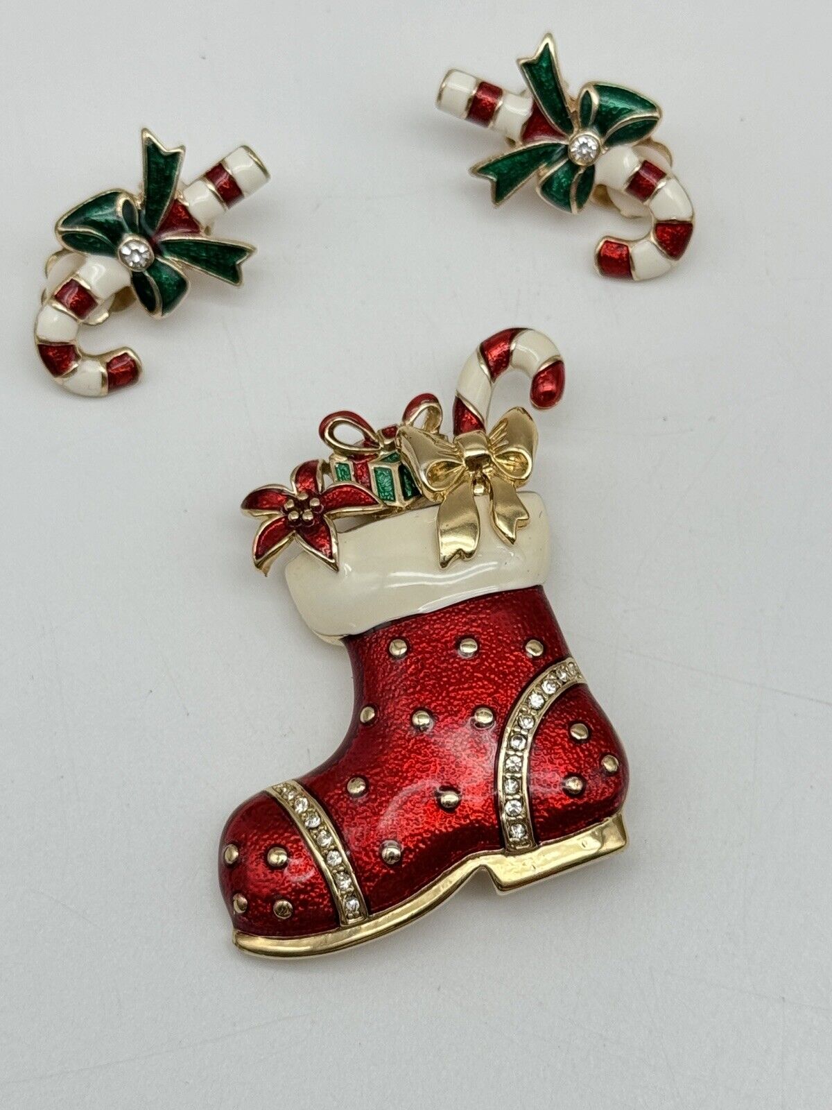 MONET Red Enamel Christmas SANTA Boot Brooch Filled & Candy Cane Earrings