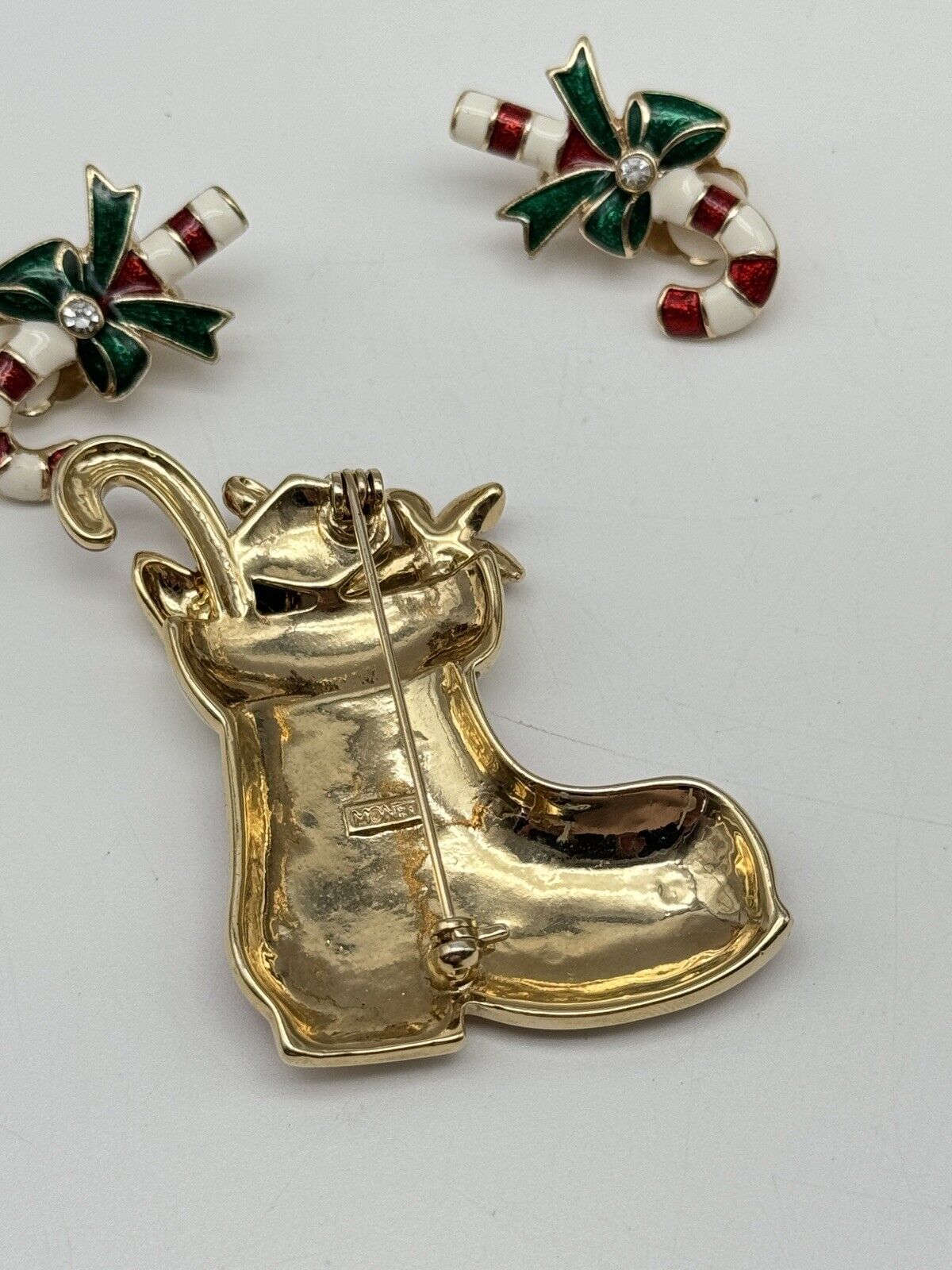MONET Red Enamel Christmas SANTA Boot Brooch Filled & Candy Cane Earrings