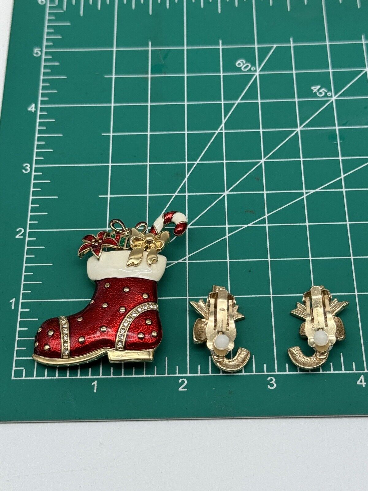 MONET Red Enamel Christmas SANTA Boot Brooch Filled & Candy Cane Earrings