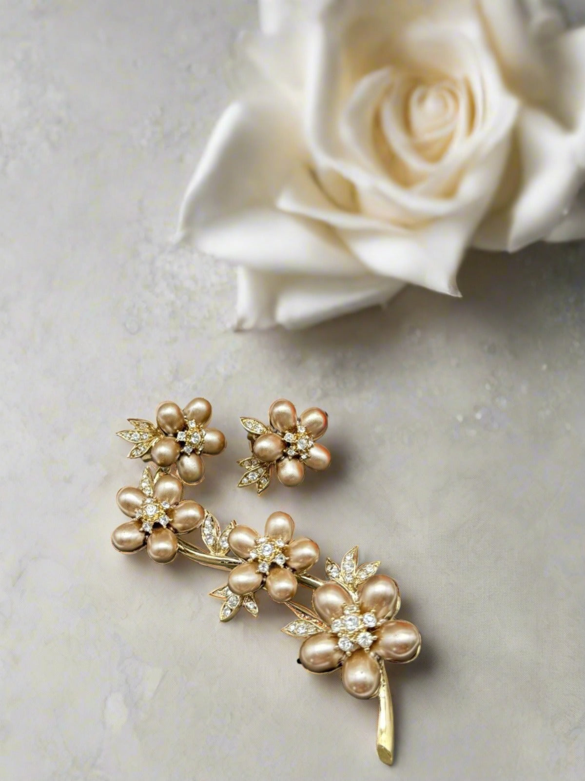 Nolan Miller Faux Bronze Pearl Flower Cluster Branch Brooch & Earring Set In Box