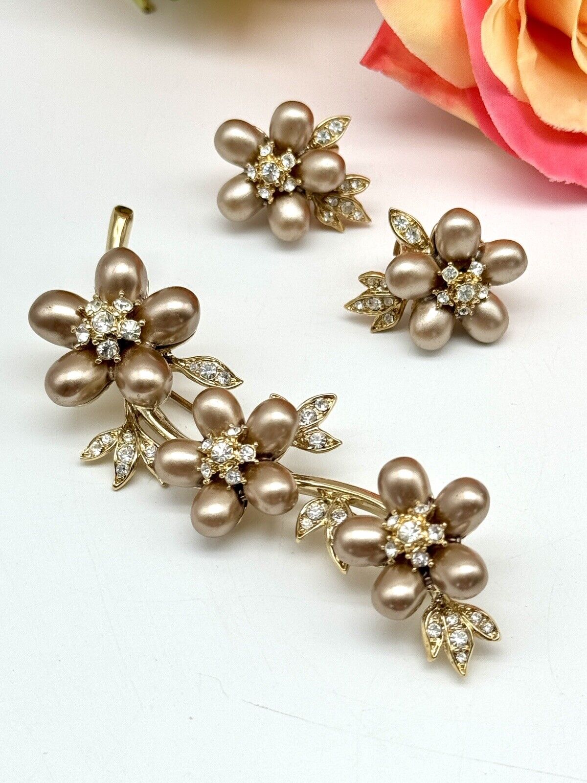Nolan Miller Faux Bronze Pearl Flower Cluster Branch Brooch & Earring Set In Box
