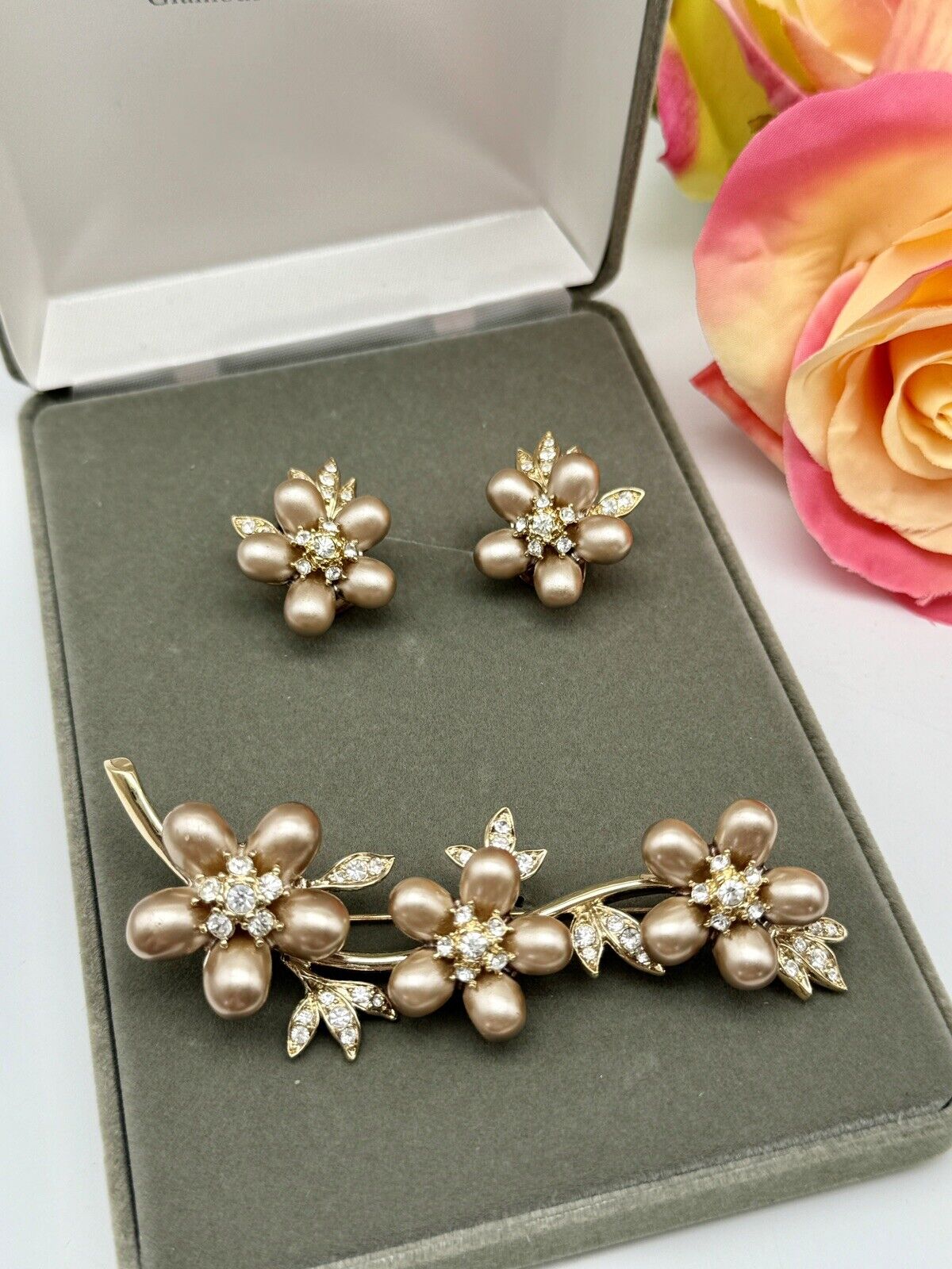 Nolan Miller Faux Bronze Pearl Flower Cluster Branch Brooch & Earring Set In Box