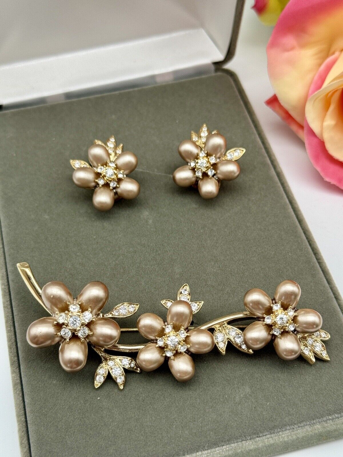 Nolan Miller Faux Bronze Pearl Flower Cluster Branch Brooch & Earring Set In Box