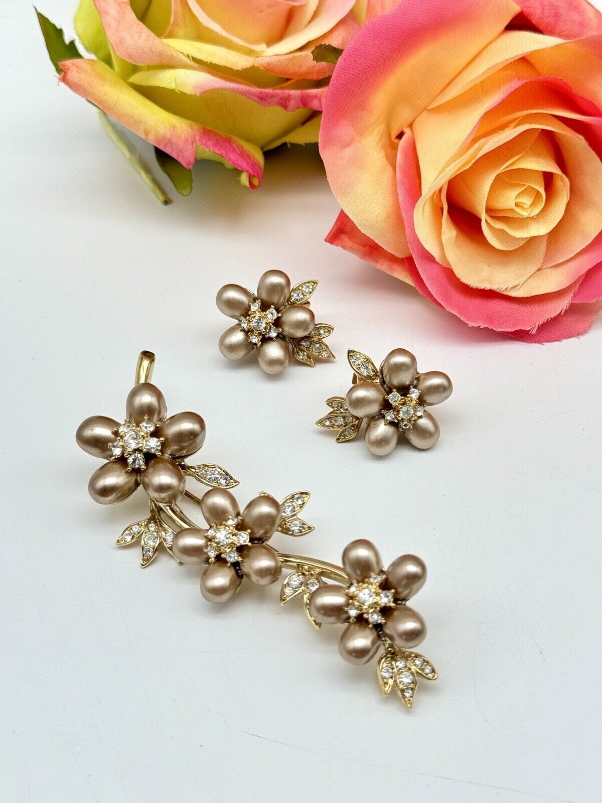 Nolan Miller Faux Bronze Pearl Flower Cluster Branch Brooch & Earring Set In Box