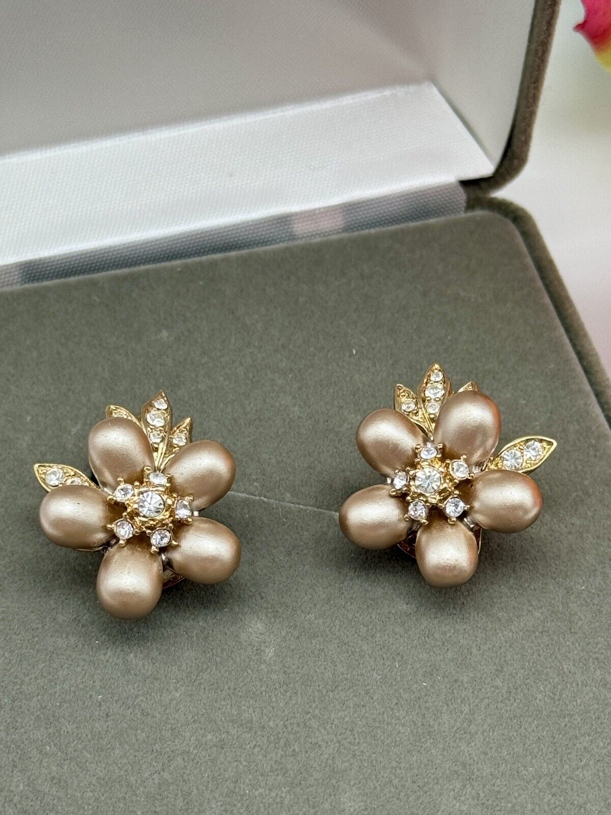 Nolan Miller Faux Bronze Pearl Flower Cluster Branch Brooch & Earring Set In Box