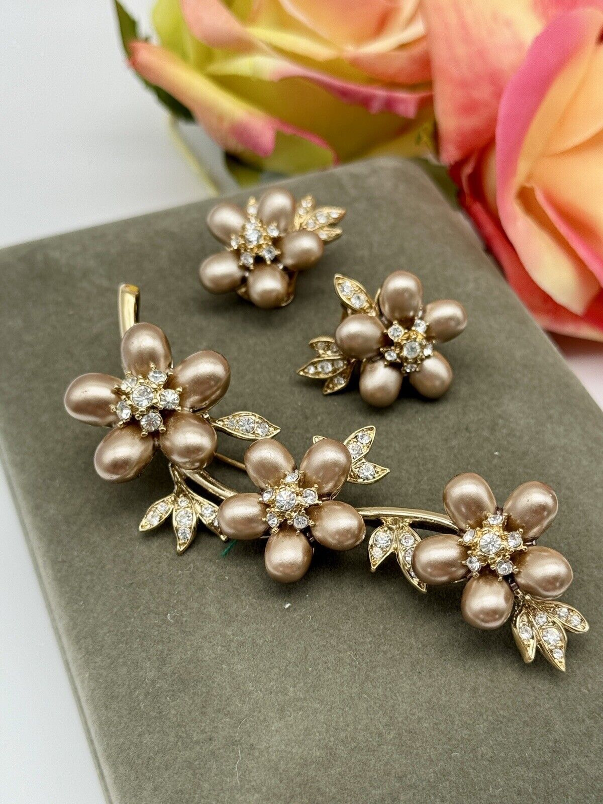 Nolan Miller Faux Bronze Pearl Flower Cluster Branch Brooch & Earring Set In Box