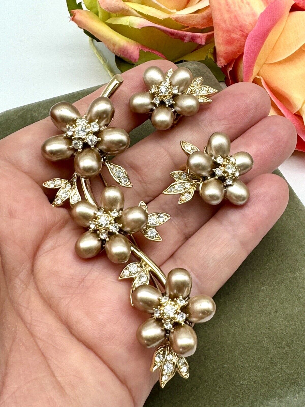 Nolan Miller Faux Bronze Pearl Flower Cluster Branch Brooch & Earring Set In Box