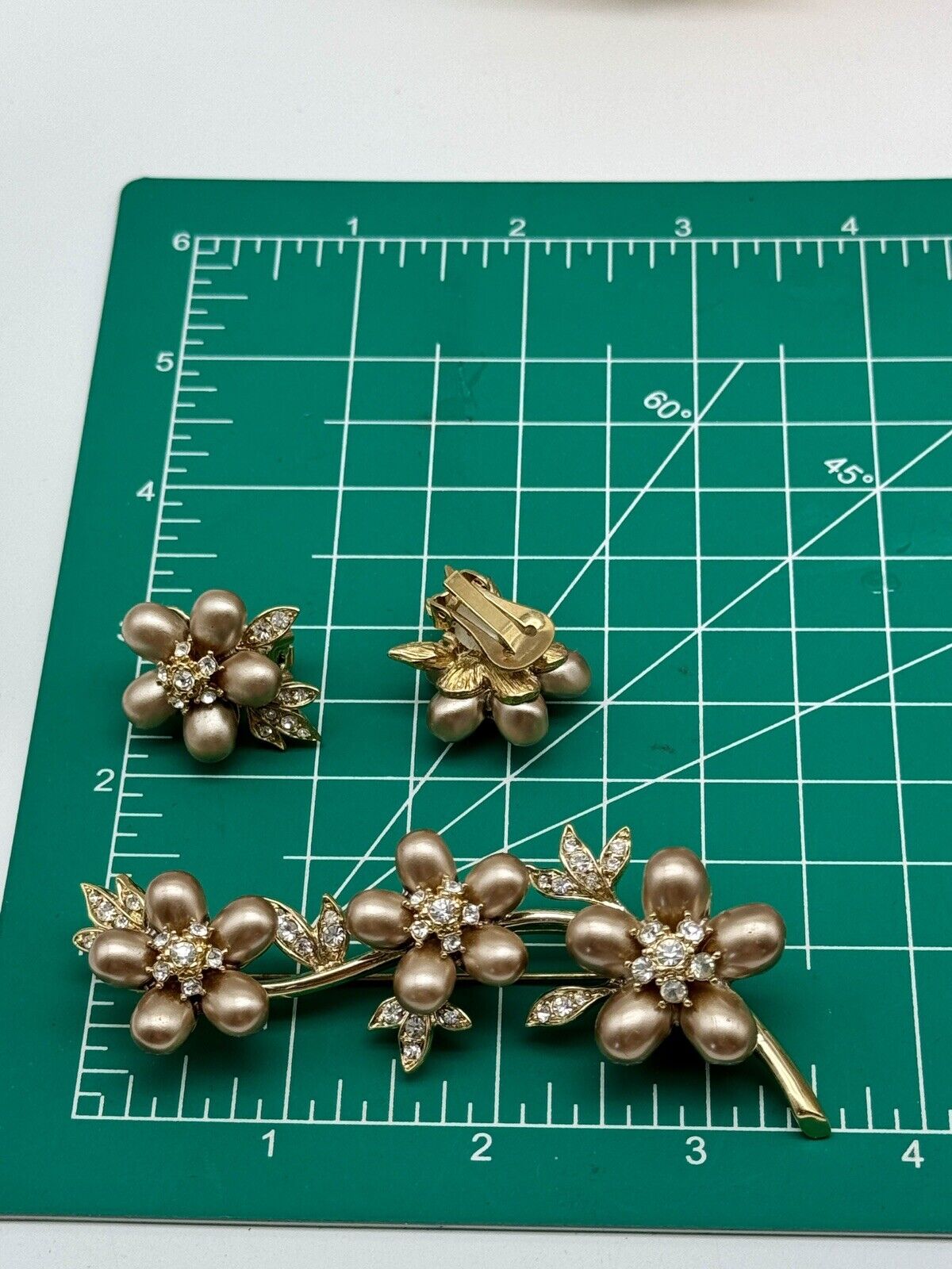 Nolan Miller Faux Bronze Pearl Flower Cluster Branch Brooch & Earring Set In Box