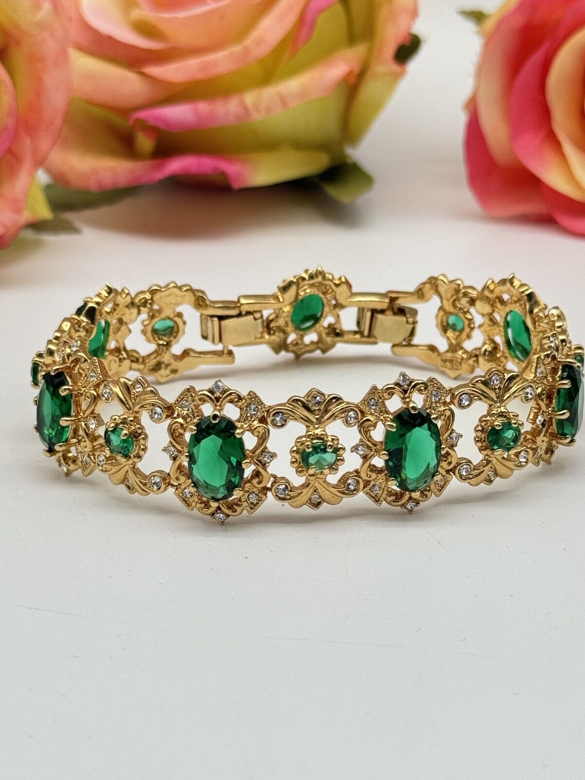 Camrose & Kross Emerald Green Rhinestone Gold Tone Bracelet In Case Estate Find