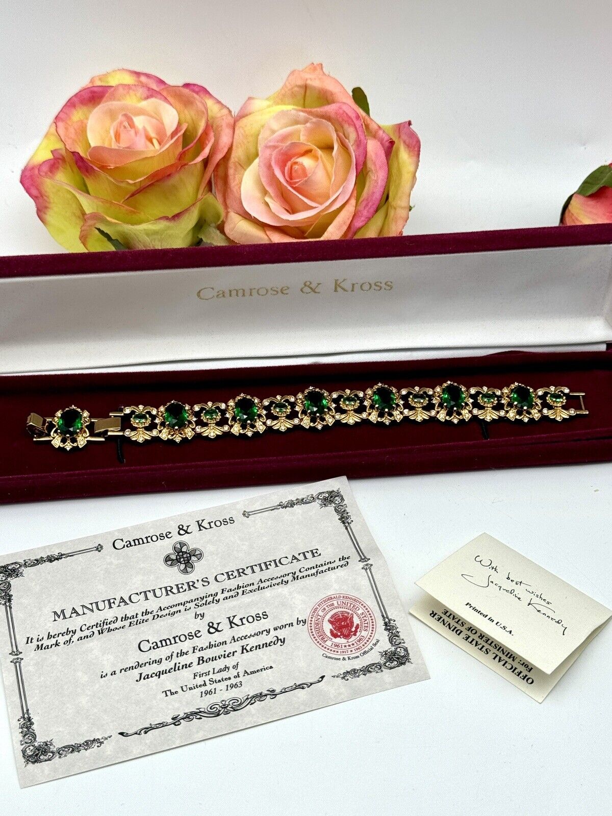 Camrose & Kross Emerald Green Rhinestone Gold Tone Bracelet In Case Estate Find