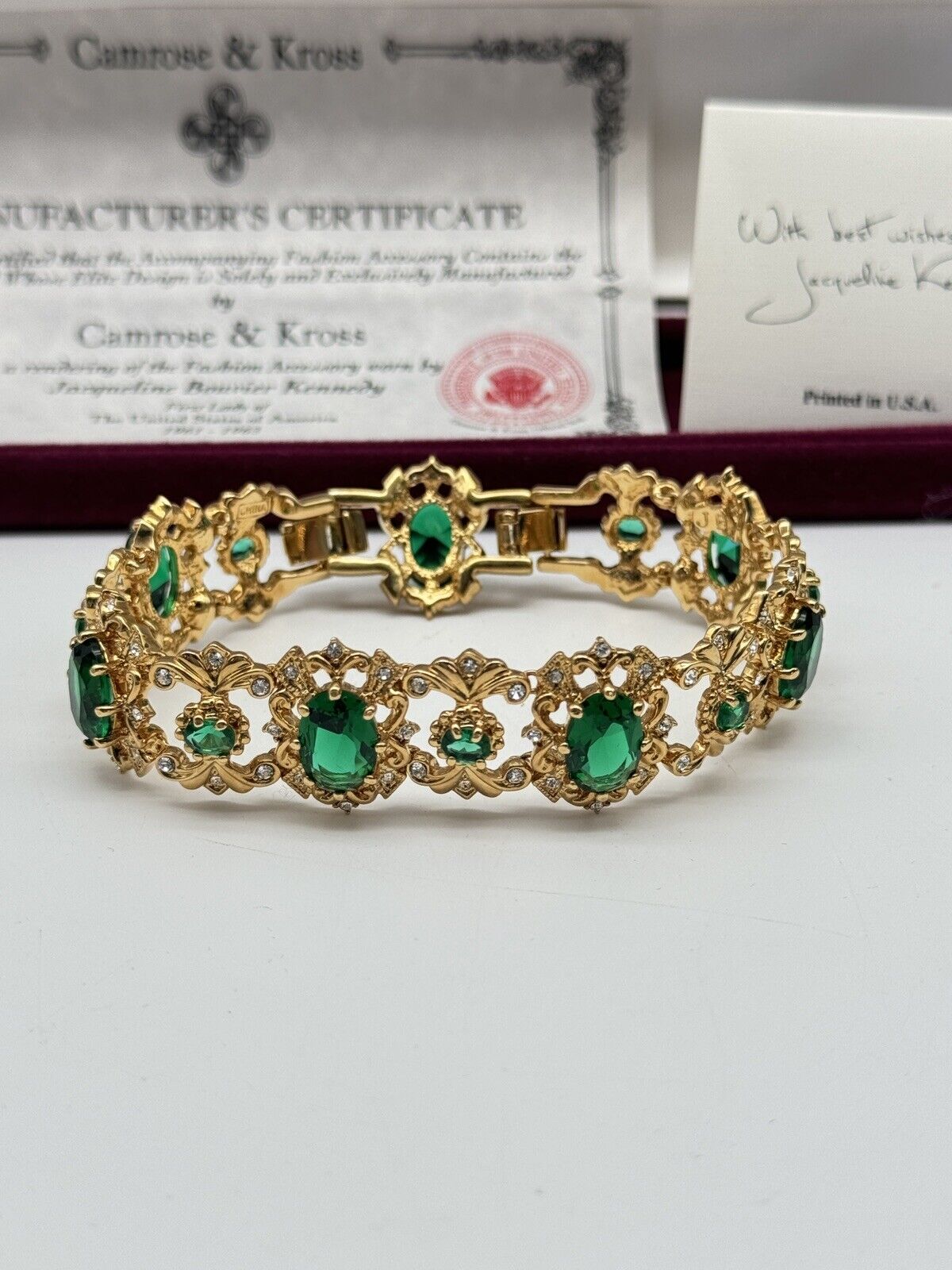 Camrose & Kross Emerald Green Rhinestone Gold Tone Bracelet In Case Estate Find