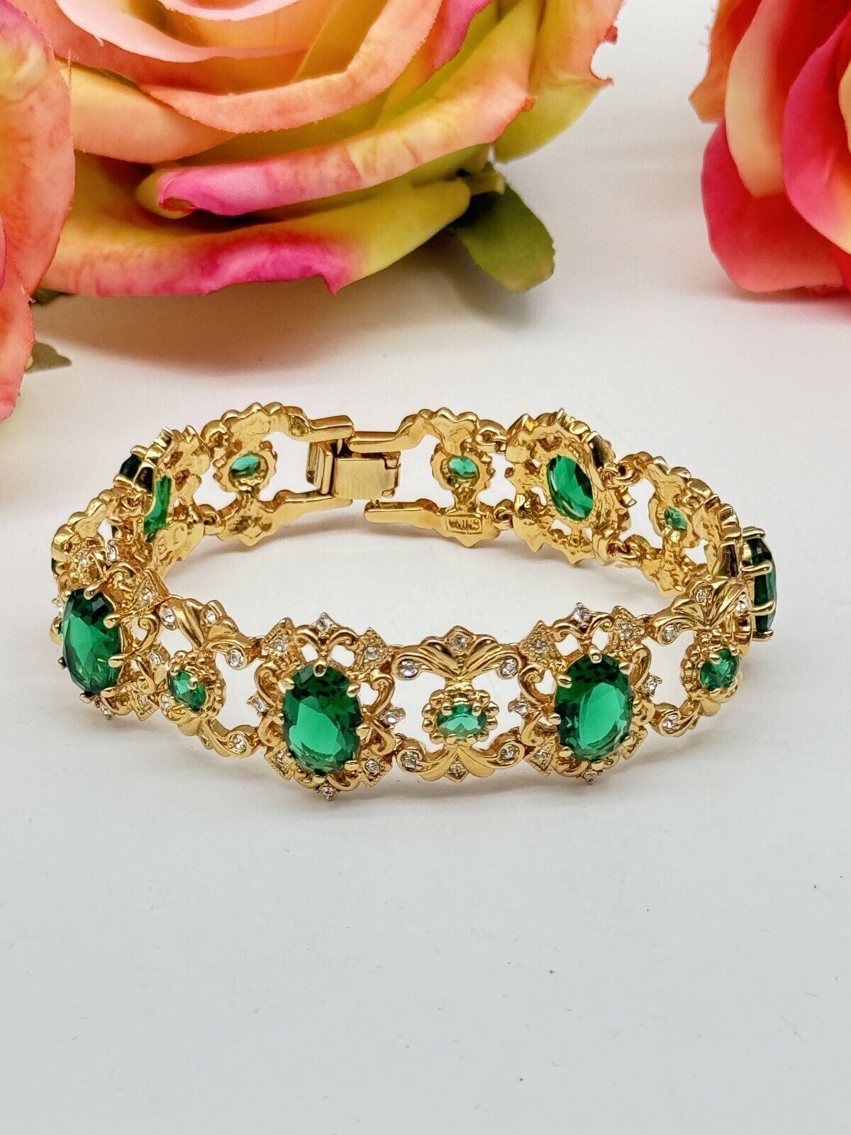 Camrose & Kross Emerald Green Rhinestone Gold Tone Bracelet In Case Estate Find