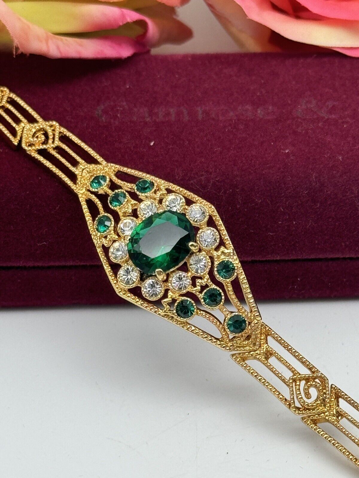 CAMROSE & KROSS Jacqueline Kennedy GREEN Rhinestone Bracelet Box Estate Find