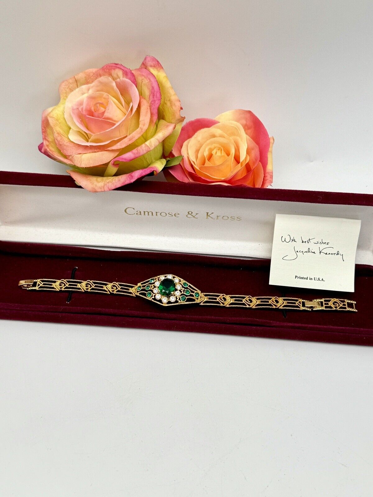 CAMROSE & KROSS Jacqueline Kennedy GREEN Rhinestone Bracelet Box Estate Find