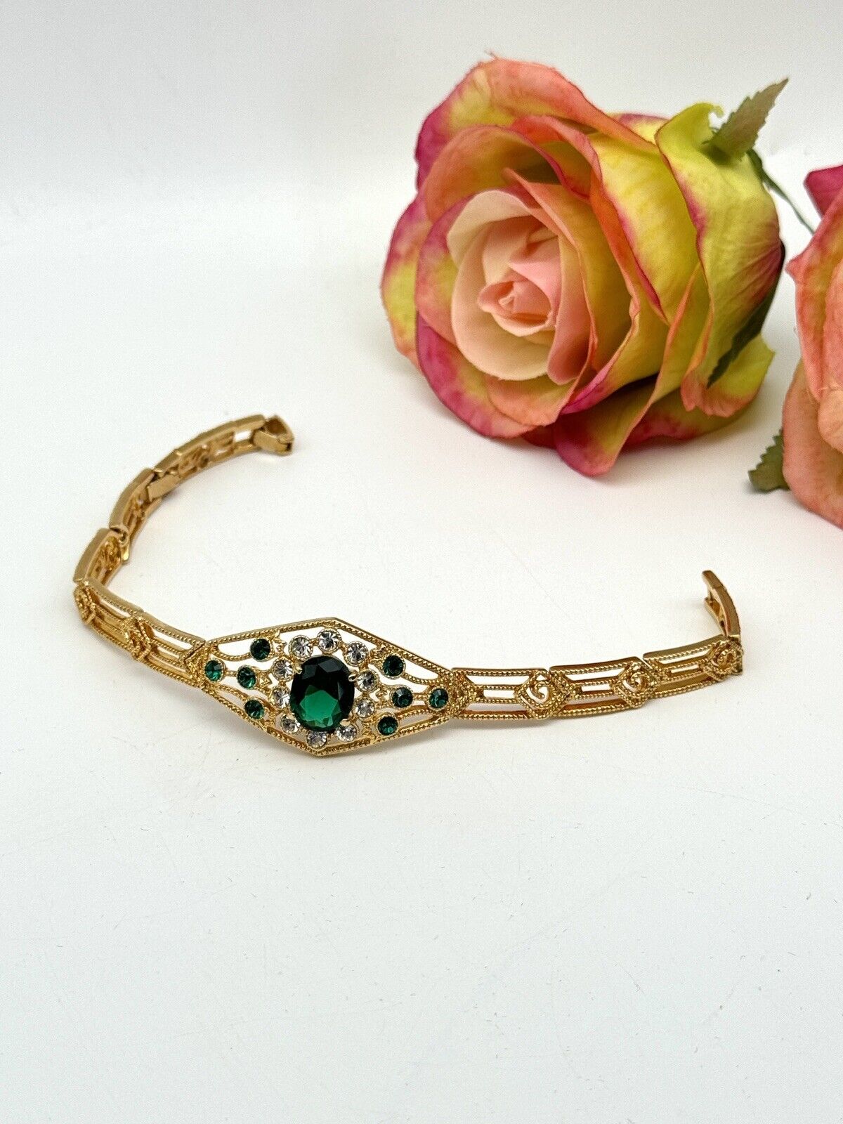 CAMROSE & KROSS Jacqueline Kennedy GREEN Rhinestone Bracelet Box Estate Find