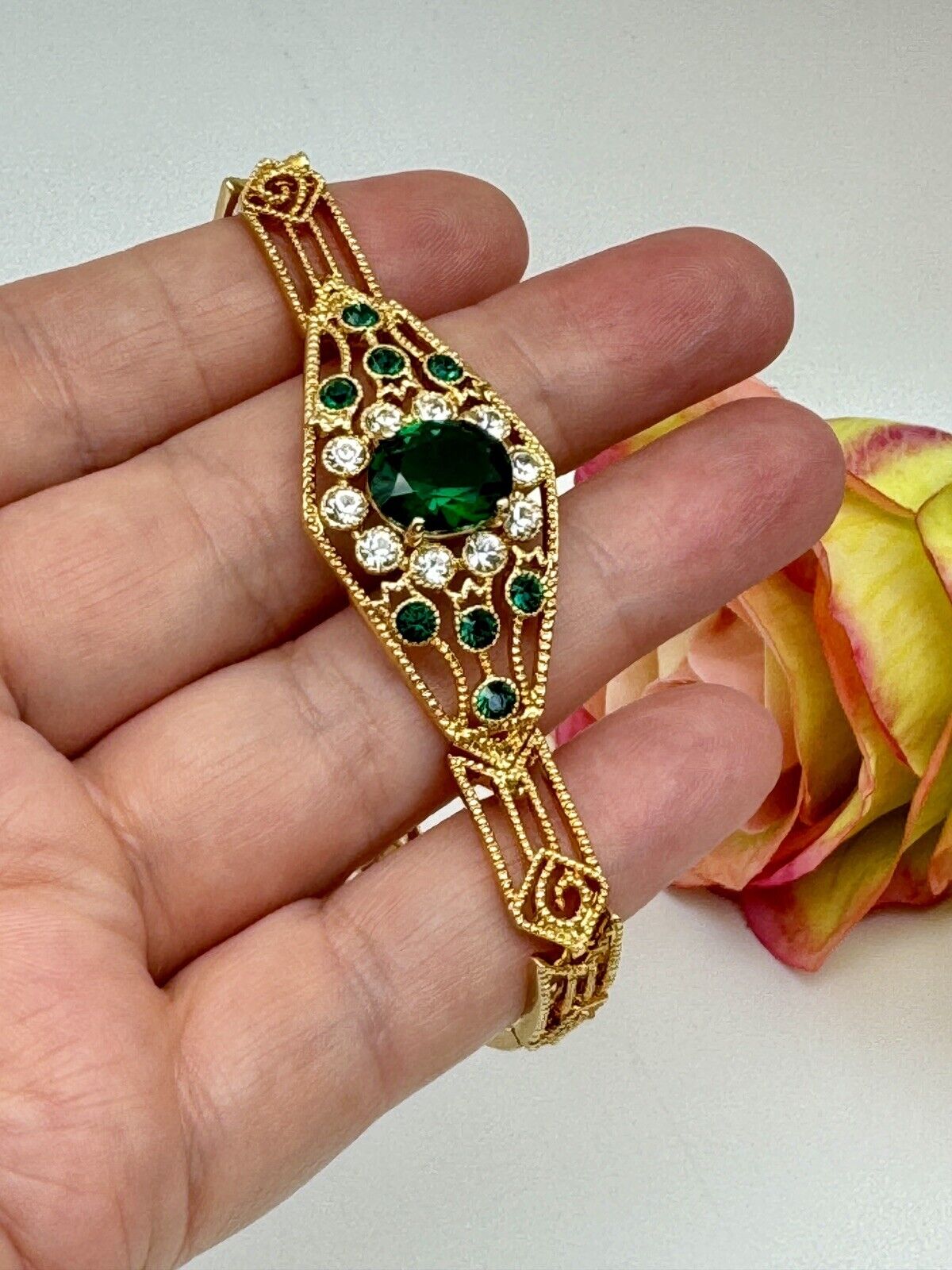CAMROSE & KROSS Jacqueline Kennedy GREEN Rhinestone Bracelet Box Estate Find