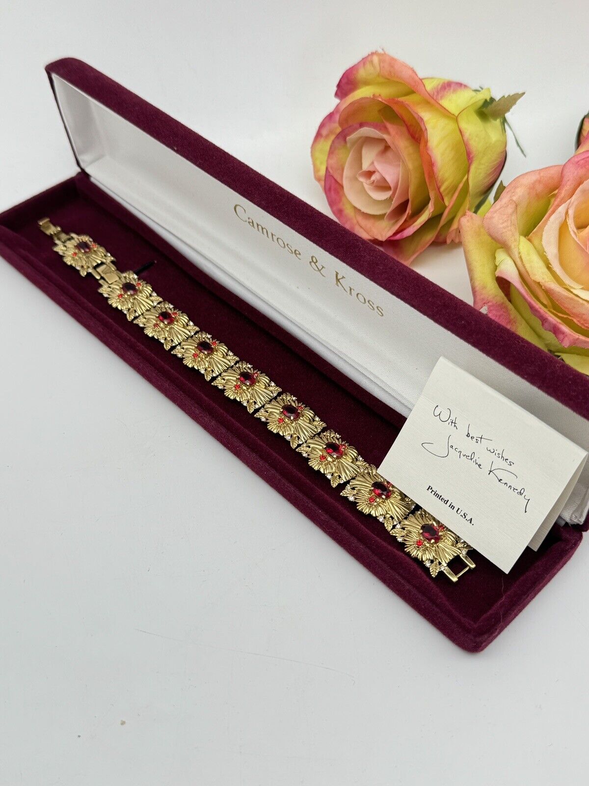 CAMROSE & KROSS Jacqueline Kennedy Red Rhinestone Bracelet Box Estate Find