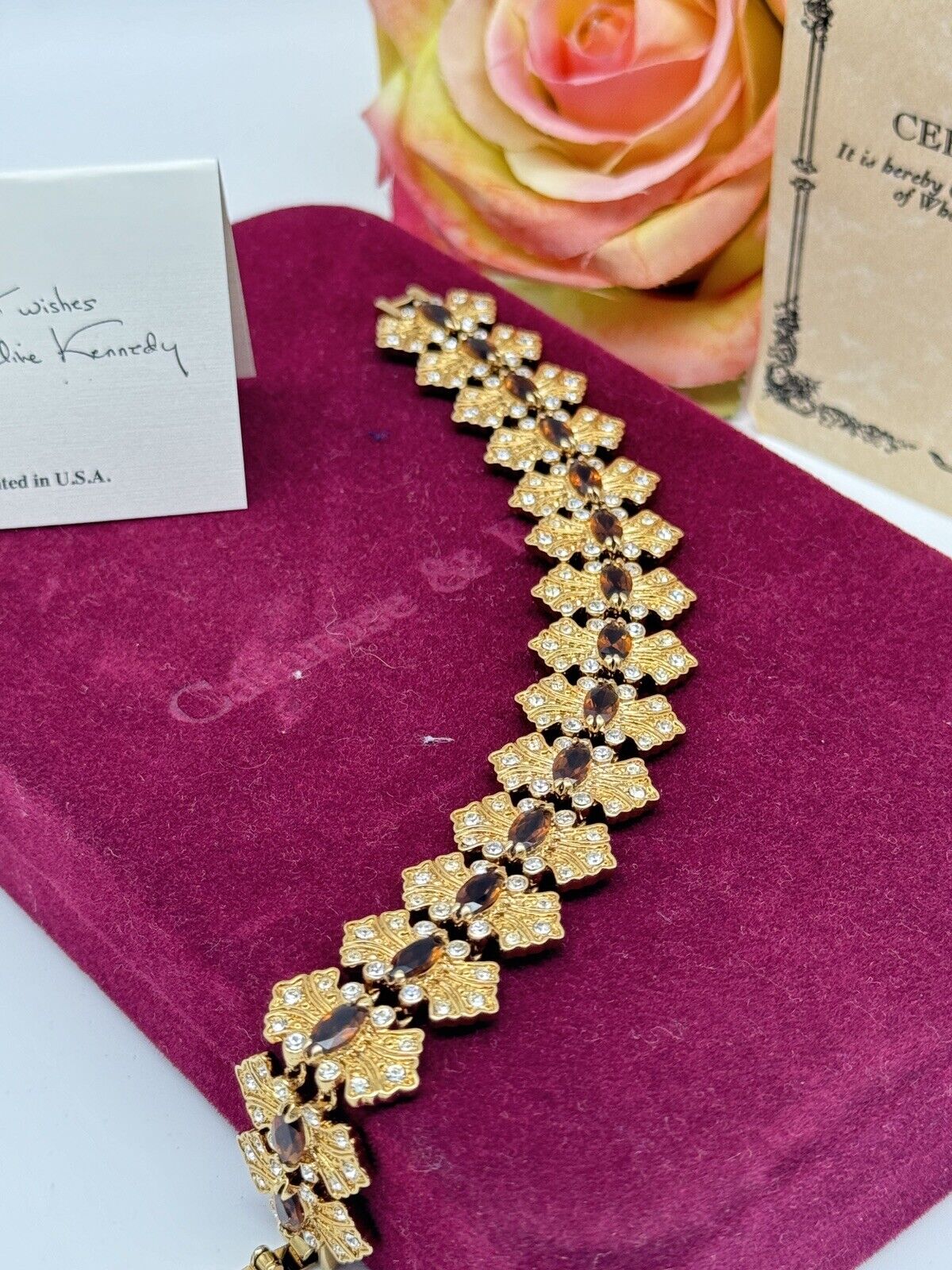 CAMROSE & KROSS Jacqueline Kennedy Brown Rhinestone Bracelet Box Estate Find
