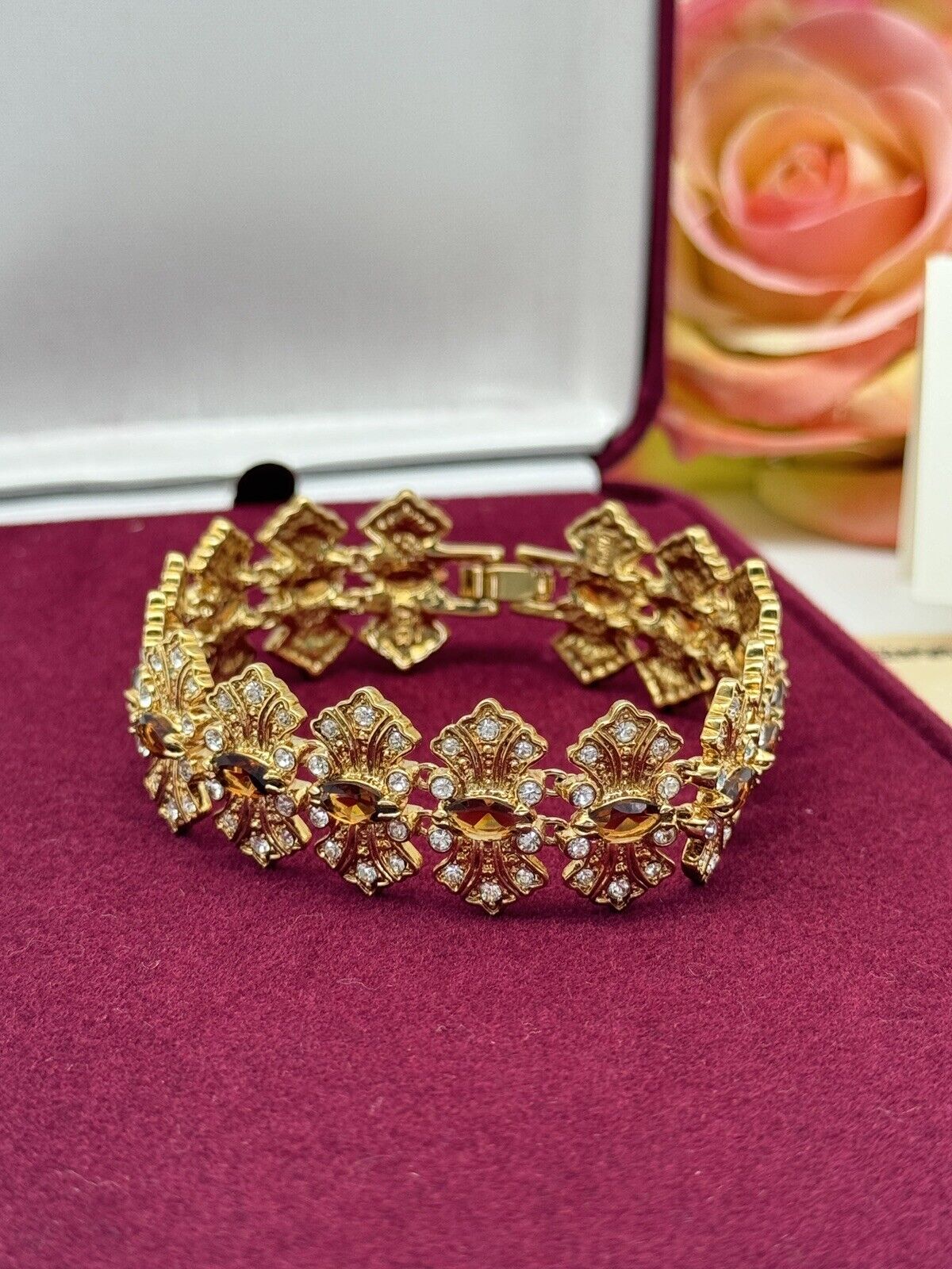 CAMROSE & KROSS Jacqueline Kennedy Brown Rhinestone Bracelet Box Estate Find