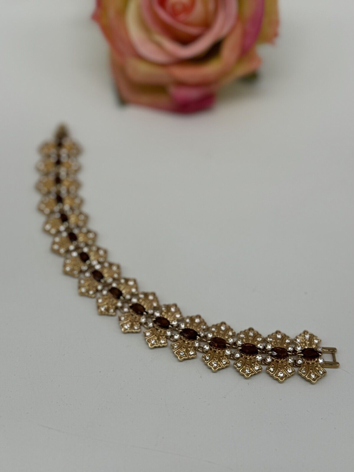 CAMROSE & KROSS Jacqueline Kennedy Brown Rhinestone Bracelet Box Estate Find