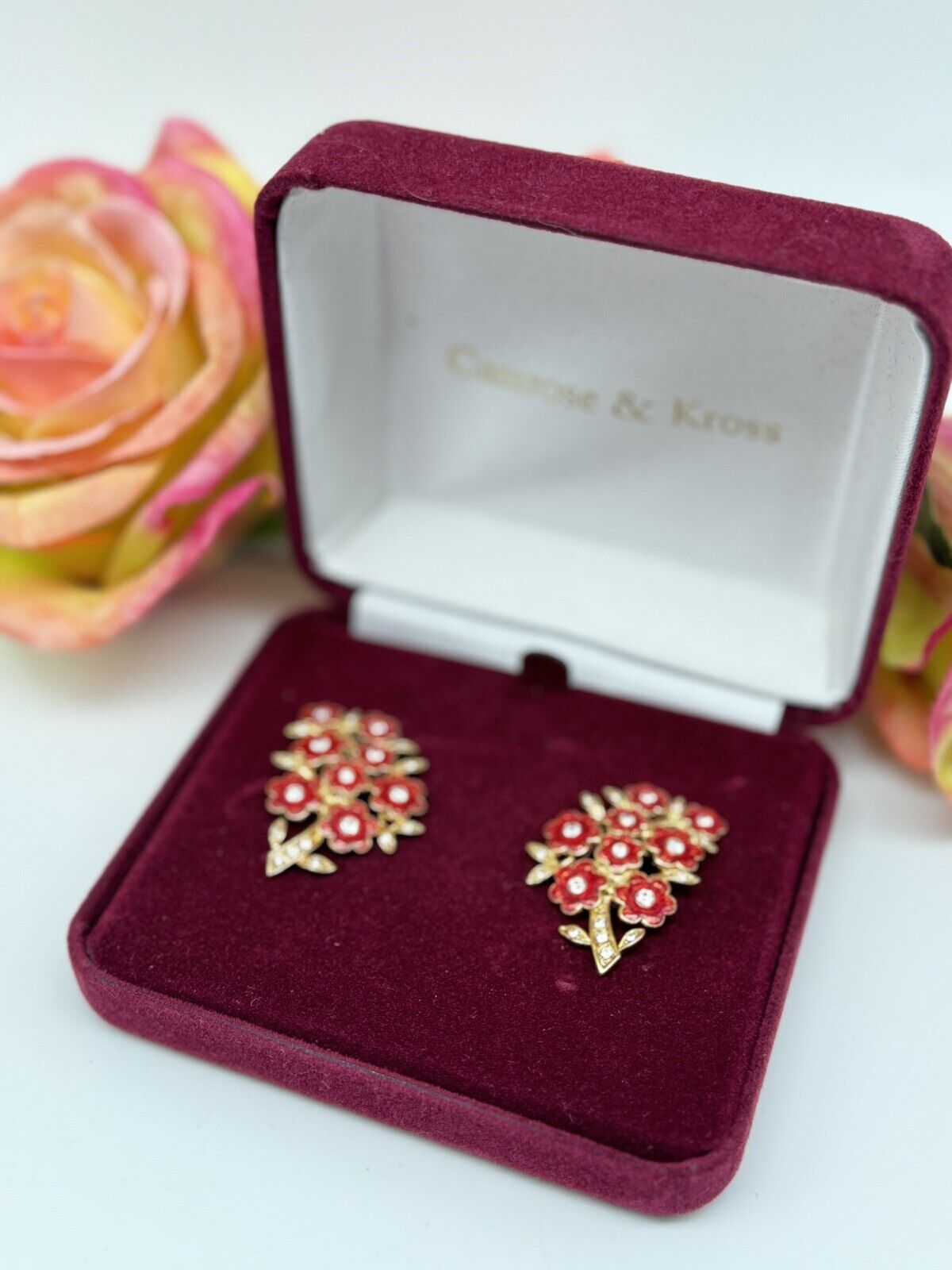 Camrose & Kross Jackie Kennedy Red Enamel Rhinestone Flower Earrings Boxed
