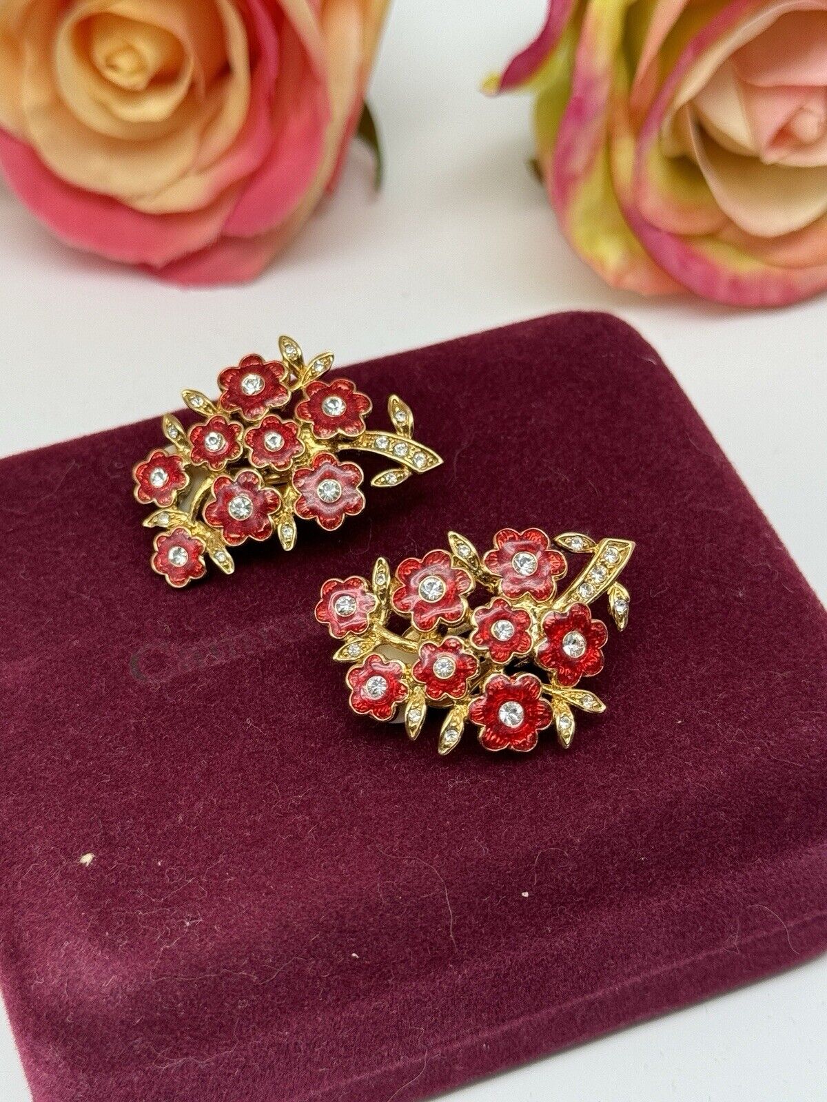 Camrose & Kross Jackie Kennedy Red Enamel Rhinestone Flower Earrings Boxed