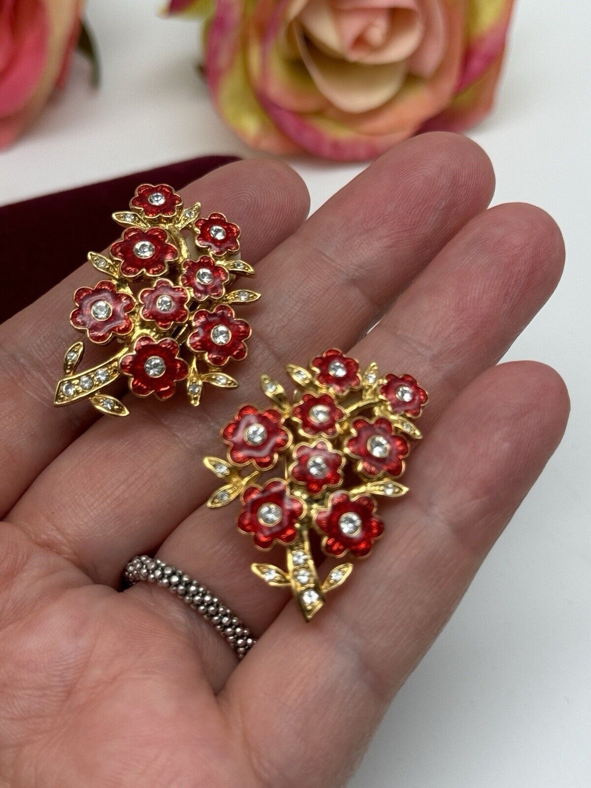 Camrose & Kross Jackie Kennedy Red Enamel Rhinestone Flower Earrings Boxed