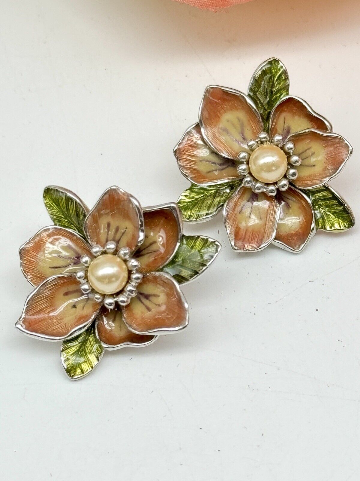 Joan Rivers Faux Pearl Enamel Flower Blossom Silvertone Earrings ESTATE FIND