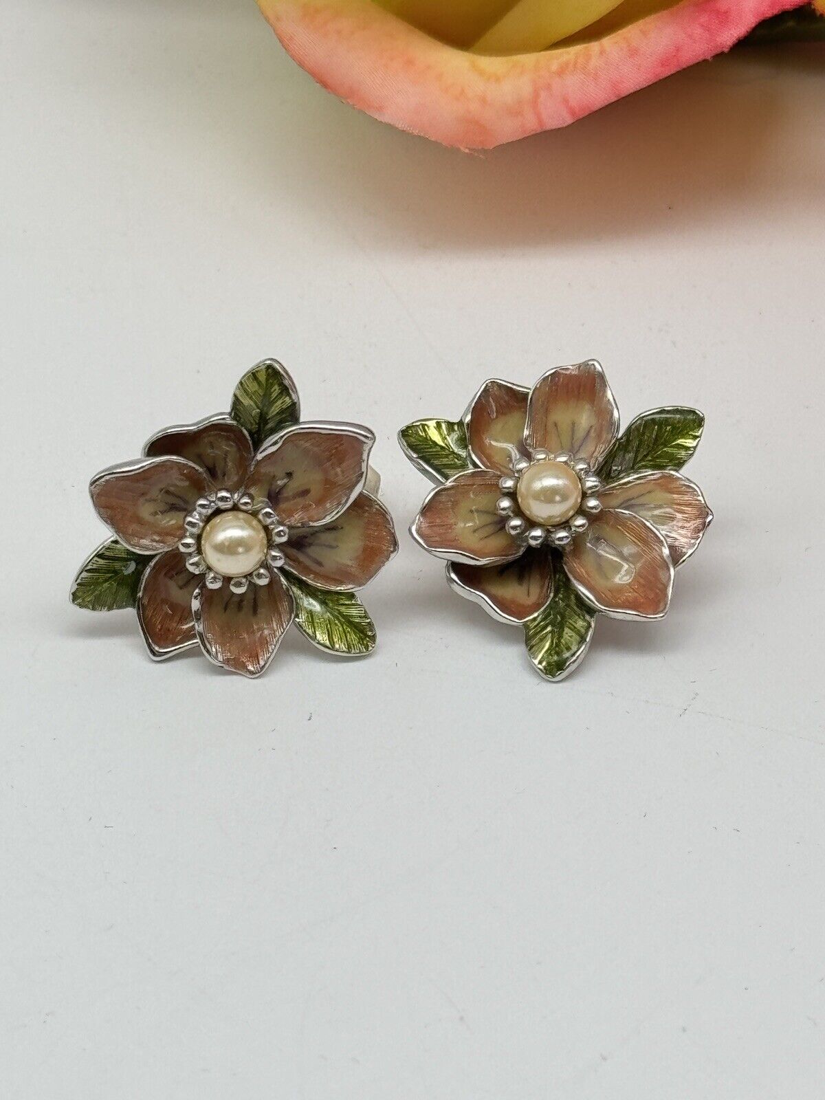 Joan Rivers Faux Pearl Enamel Flower Blossom Silvertone Earrings ESTATE FIND