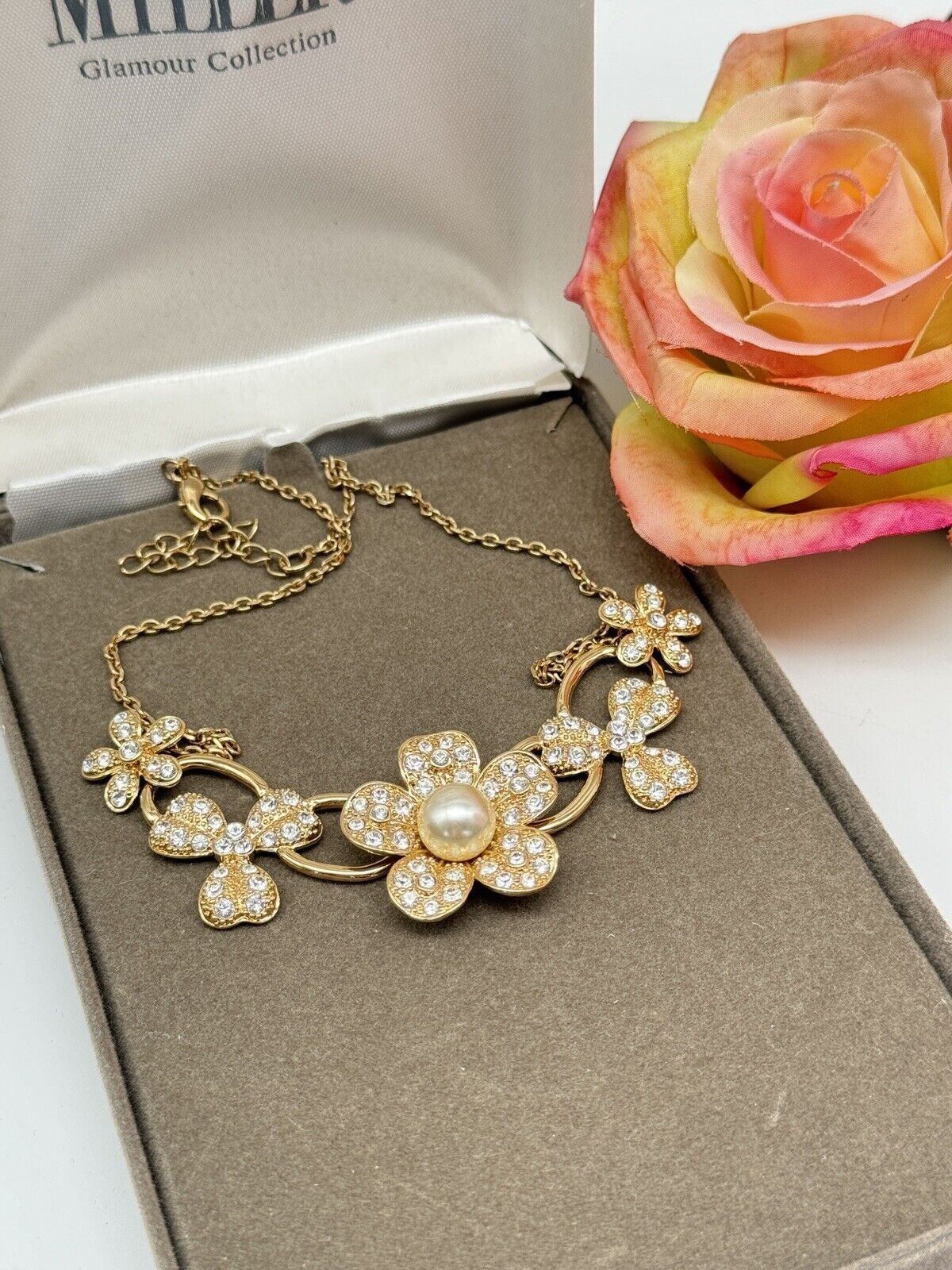 Nolan Miller Flower Necklace Goldtone Faux Pearl Rhinestone Box Estate Find 18”