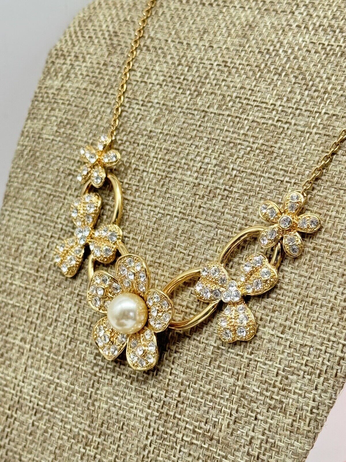 Nolan Miller Flower Necklace Goldtone Faux Pearl Rhinestone Box Estate Find 18”