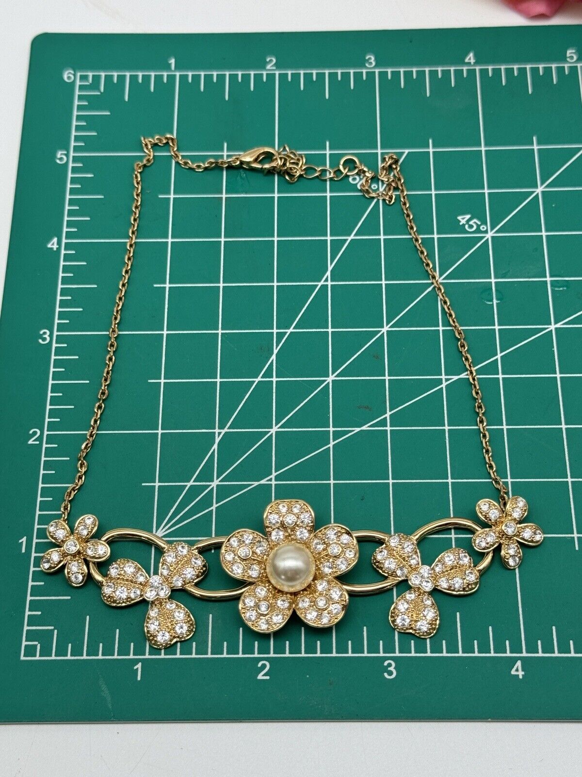 Nolan Miller Flower Necklace Goldtone Faux Pearl Rhinestone Box Estate Find 18”