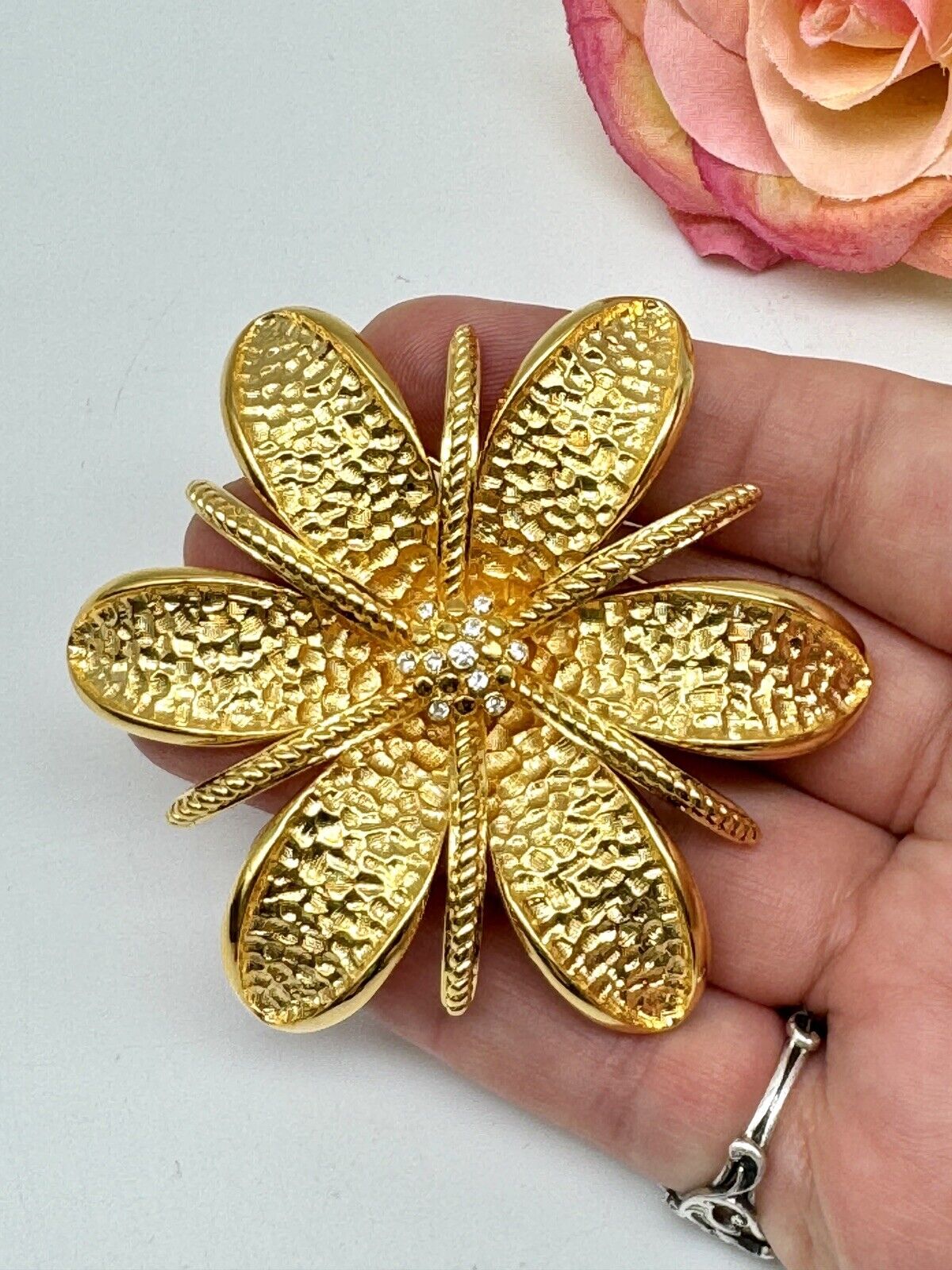 Joan Rivers Signed Large 3" Flower Brooch Goldtone Textured Petals Rhinestones