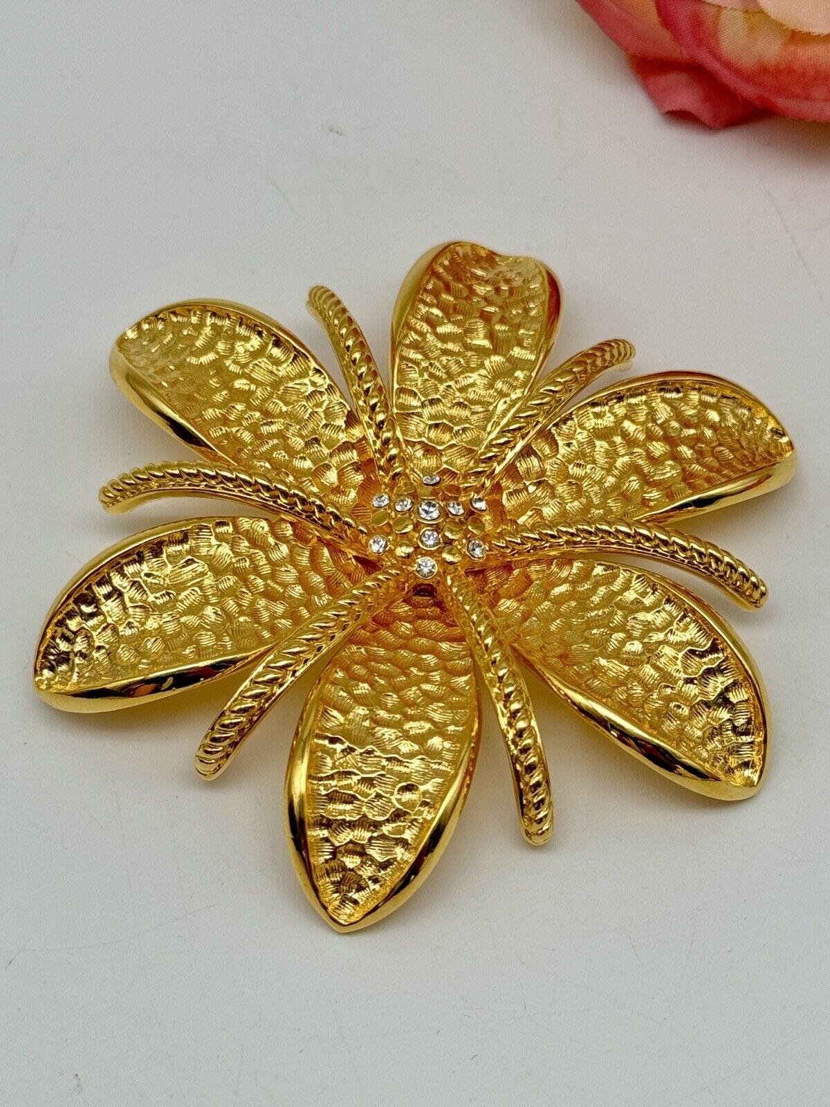 Joan Rivers Signed Large 3" Flower Brooch Goldtone Textured Petals Rhinestones