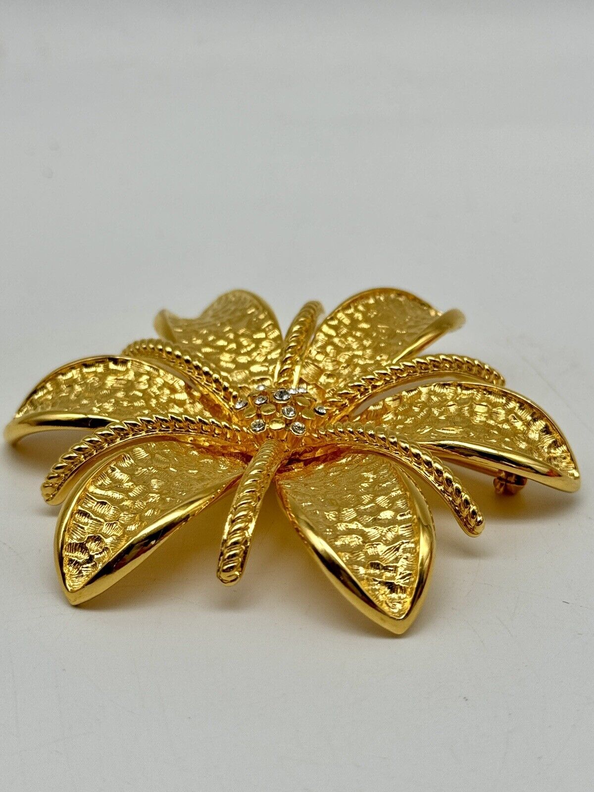 Joan Rivers Signed Large 3" Flower Brooch Goldtone Textured Petals Rhinestones