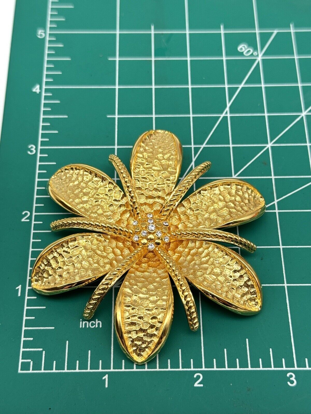 Joan Rivers Signed Large 3" Flower Brooch Goldtone Textured Petals Rhinestones