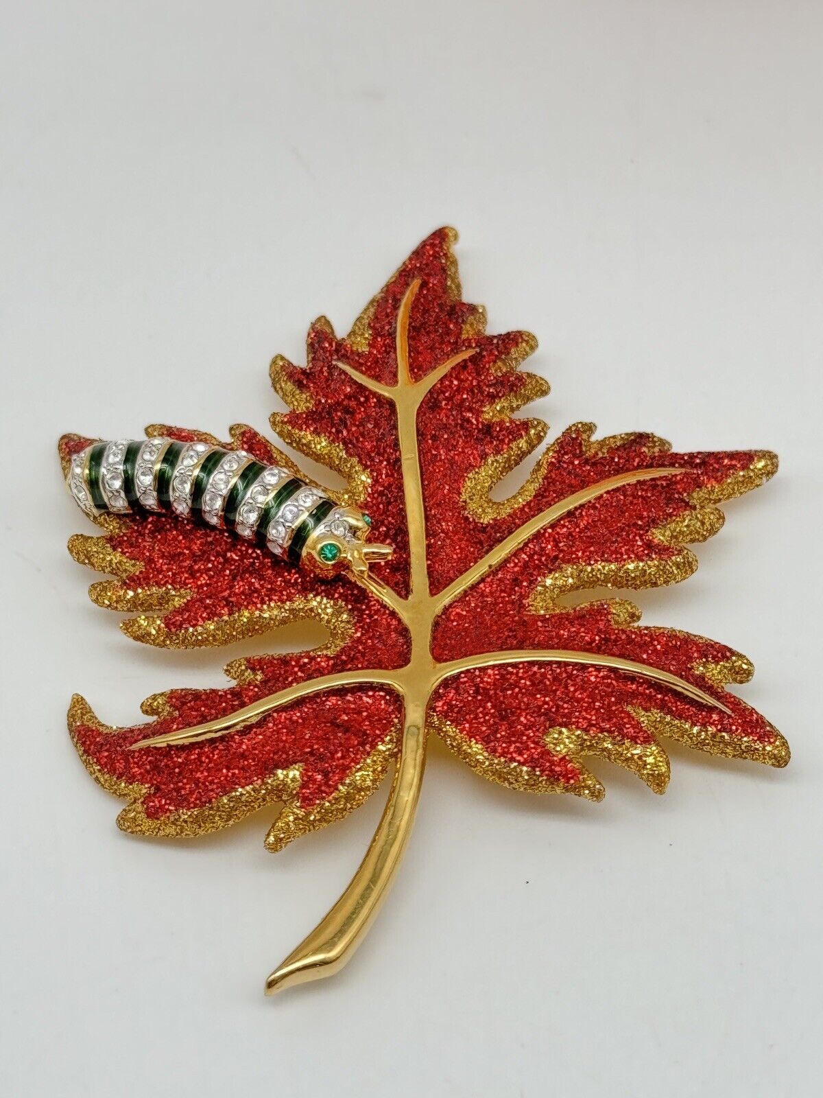 Joan Rivers Brooch Pin Red Glittering Maple Leaf With Caterpillar