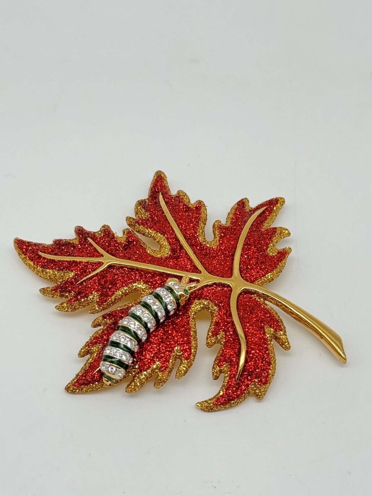 Joan Rivers Brooch Pin Red Glittering Maple Leaf With Caterpillar