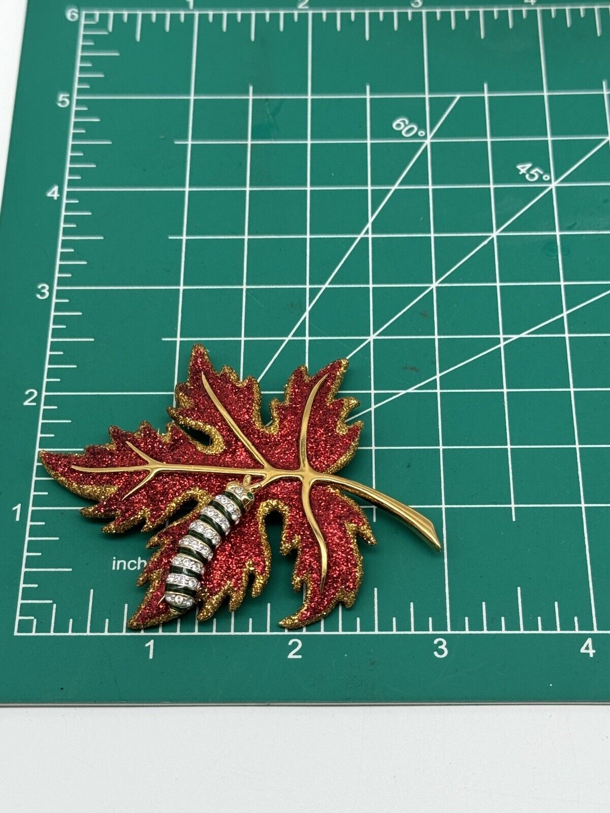 Joan Rivers Brooch Pin Red Glittering Maple Leaf With Caterpillar