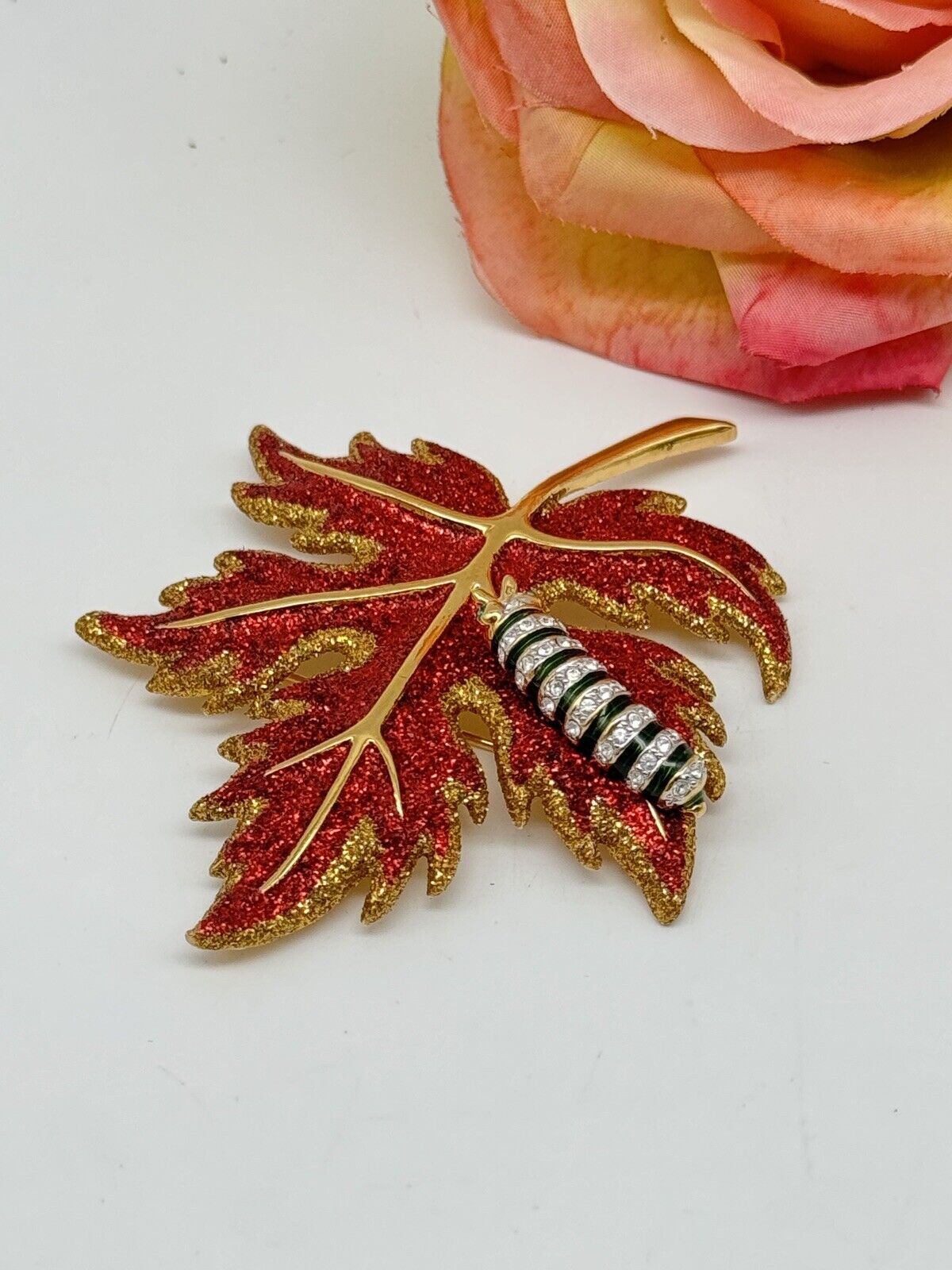 Joan Rivers Brooch Pin Red Glittering Maple Leaf With Caterpillar
