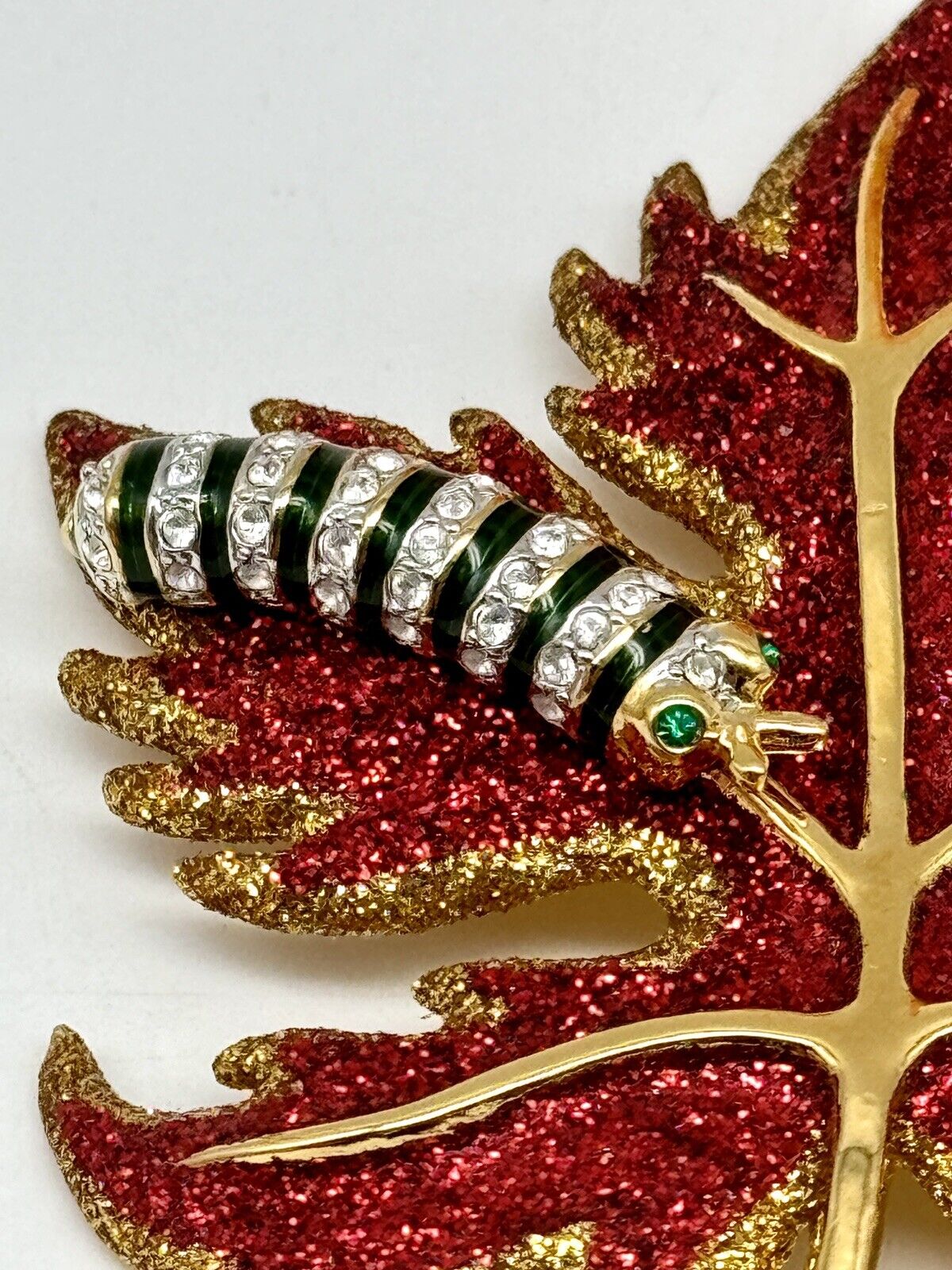 Joan Rivers Brooch Pin Red Glittering Maple Leaf With Caterpillar