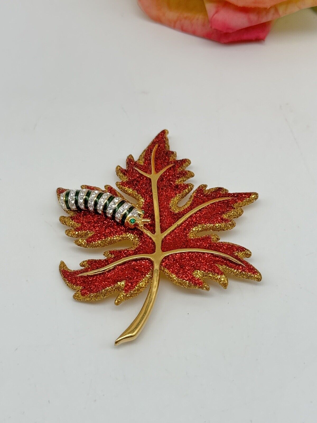 Joan Rivers Brooch Pin Red Glittering Maple Leaf With Caterpillar