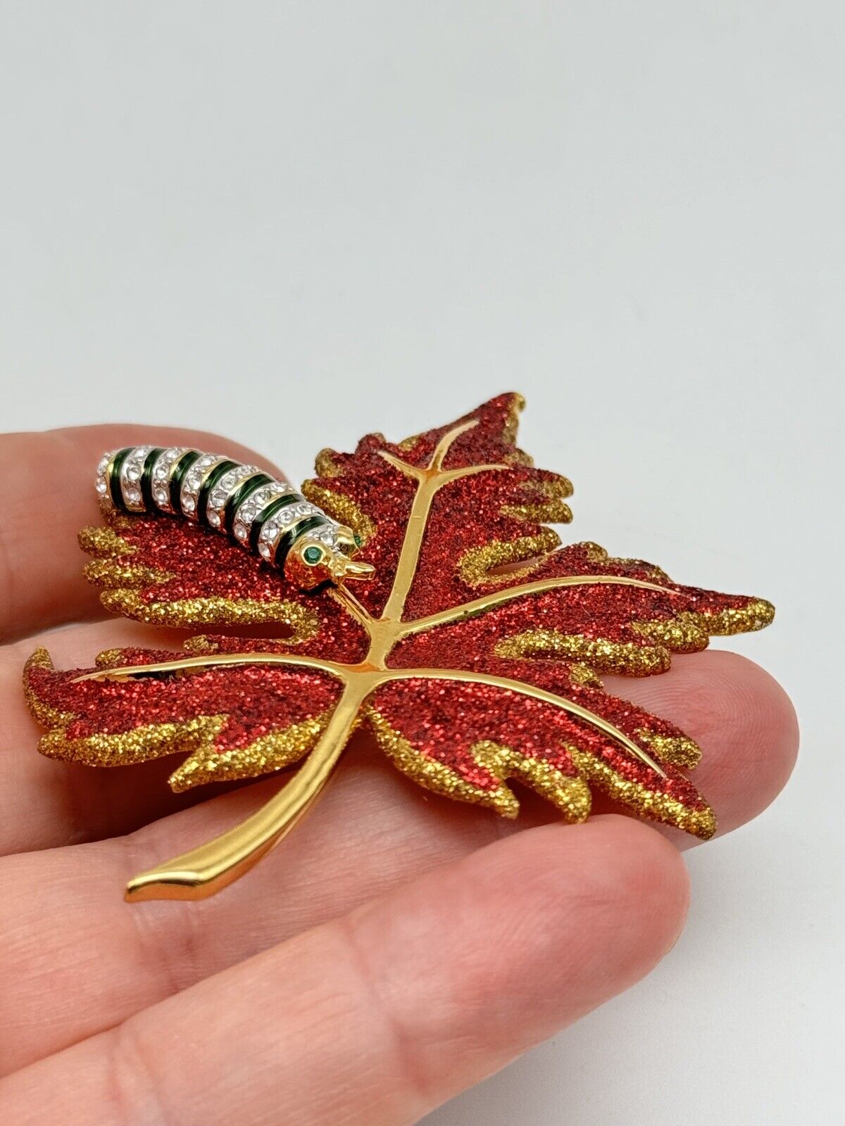 Joan Rivers Brooch Pin Red Glittering Maple Leaf With Caterpillar