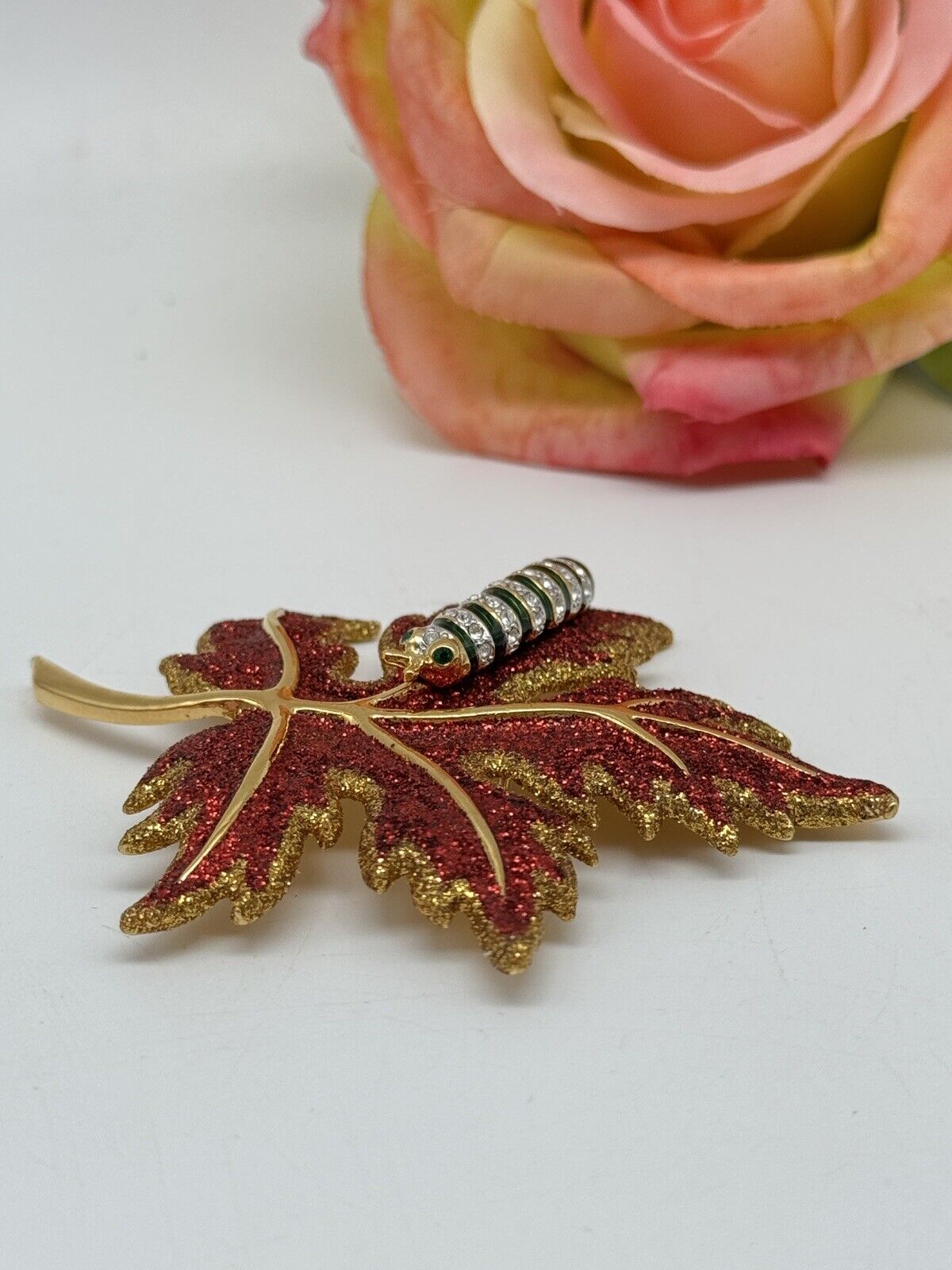 Joan Rivers Brooch Pin Red Glittering Maple Leaf With Caterpillar