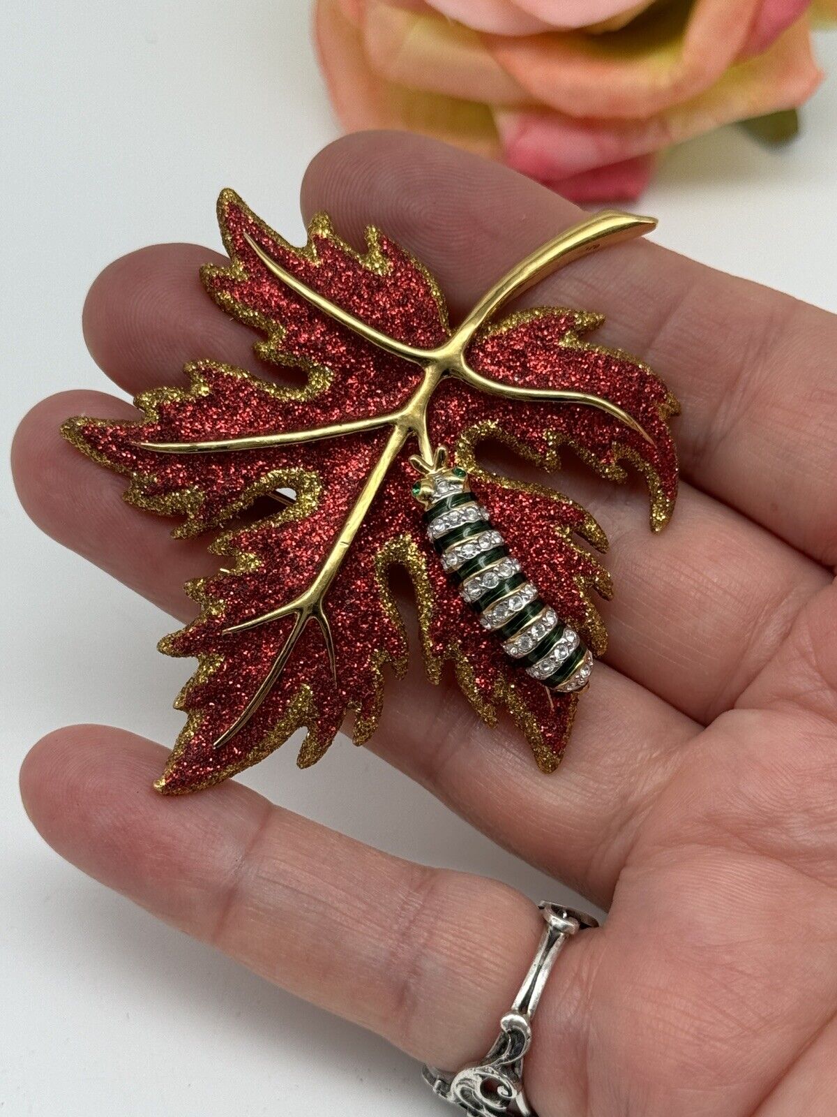Joan Rivers Brooch Pin Red Glittering Maple Leaf With Caterpillar