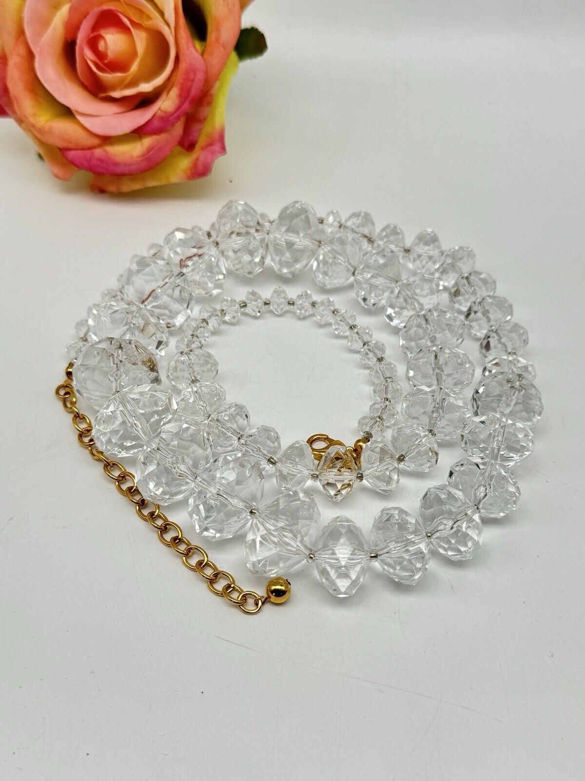 Joan RIVERS CLEAR Lucite Faceted Bead Necklace ca.33”l ESTATE FIND