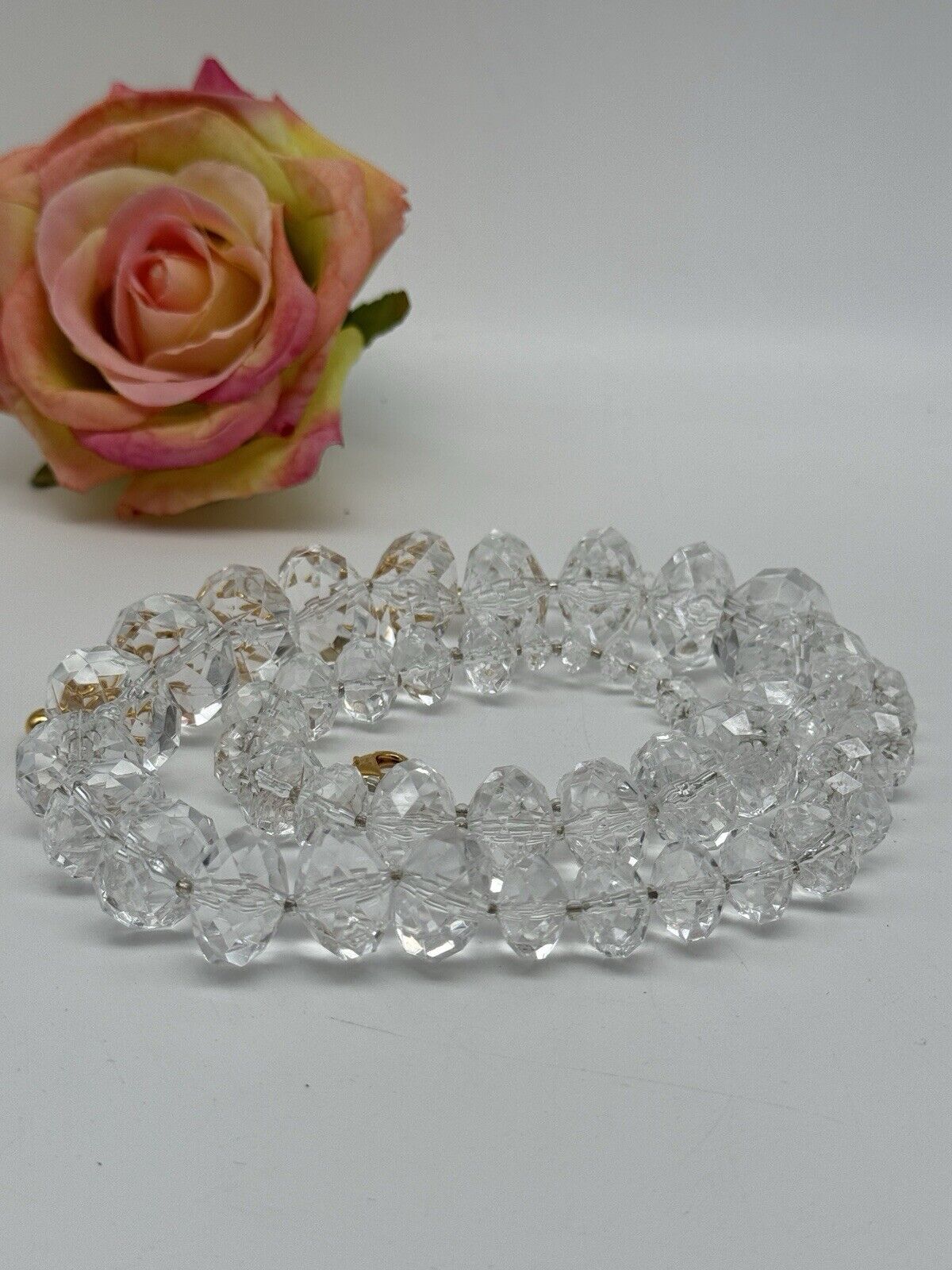 Joan RIVERS CLEAR Lucite Faceted Bead Necklace ca.33”l ESTATE FIND